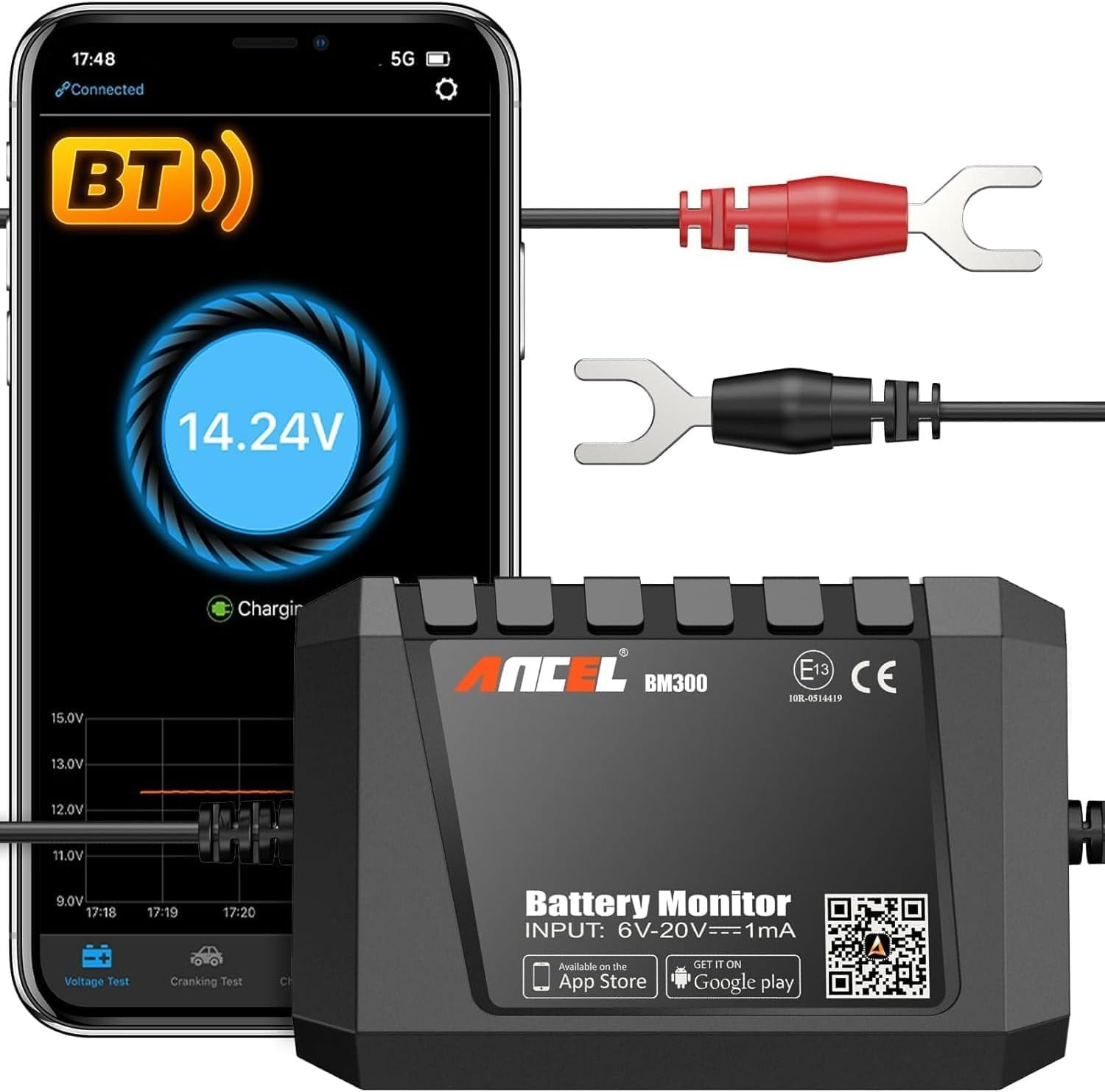 BM300 12V Battery Monitor, Bluetooth 4.0 Automotive Voltmeter with Charging, Cra