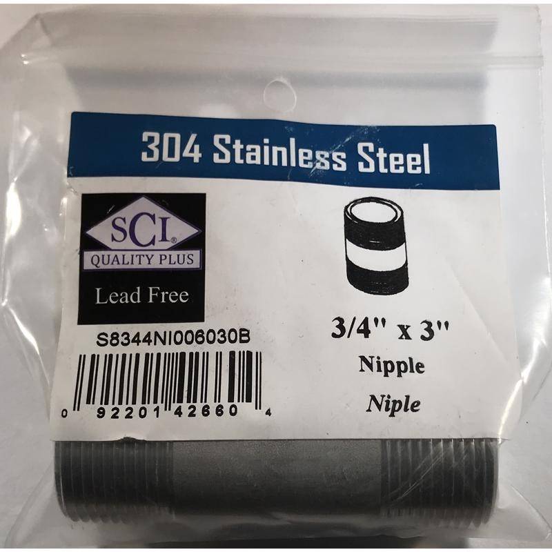 Smith-Cooper 4632101440 Stainless Steel Lead-Free Nipple 3/4 MPT x 3 L in.