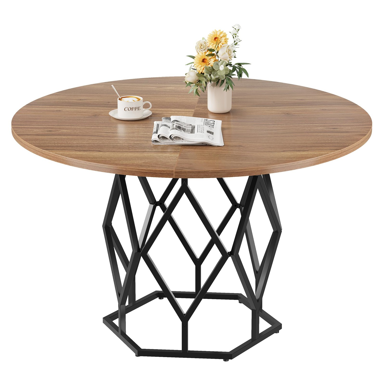 47'' Round Dining Table,Rust-Proof Metal Base, Stable Streamlined Design for 4-6