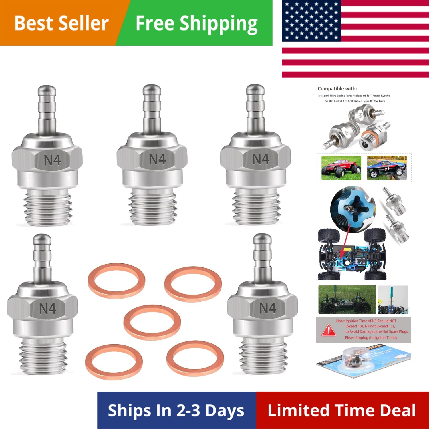 N4 Hot Glow Plug Spark Plugs for Traxas T-maxx Kyosho HPI Redcat 1/8 1/10 RC ...