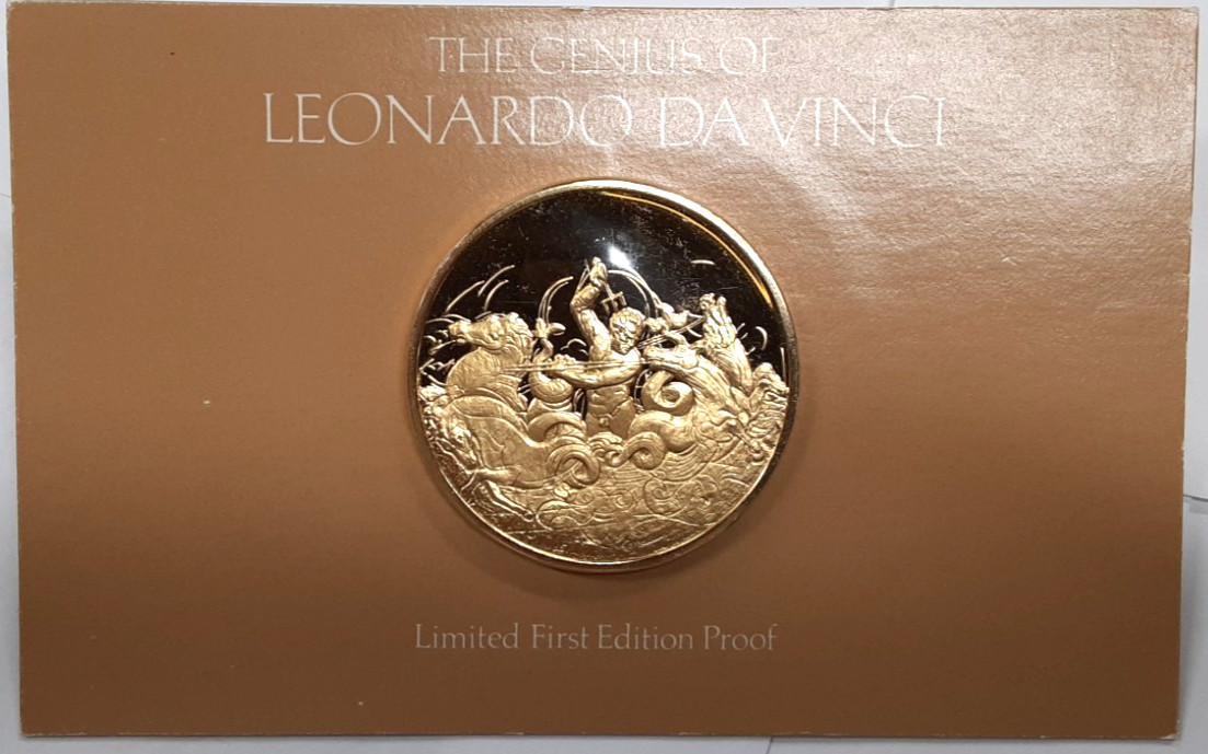 FM 24K Au on .925 Ag 2.1 Troy Oz./51MM PF Medal-DaVinci/Neptune w/Sea Horses