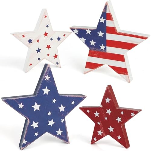COCHIE 4th of July Decorations Wooden Star Set of 4, Labor Day Decor, Retro
