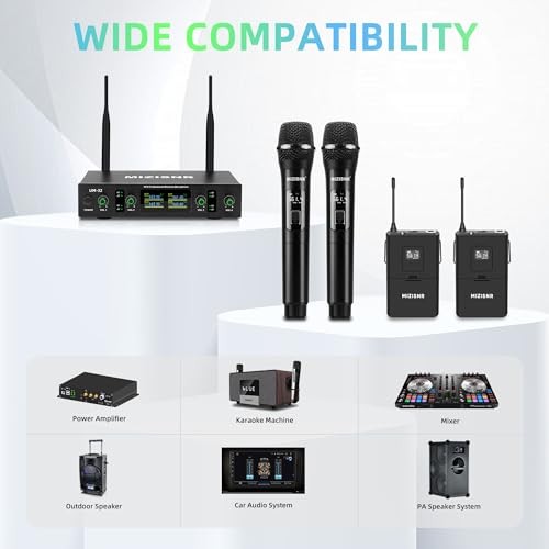 Lapel Wireless Microphone System with Headset & Lavalier Mics, 4 Channel UHF