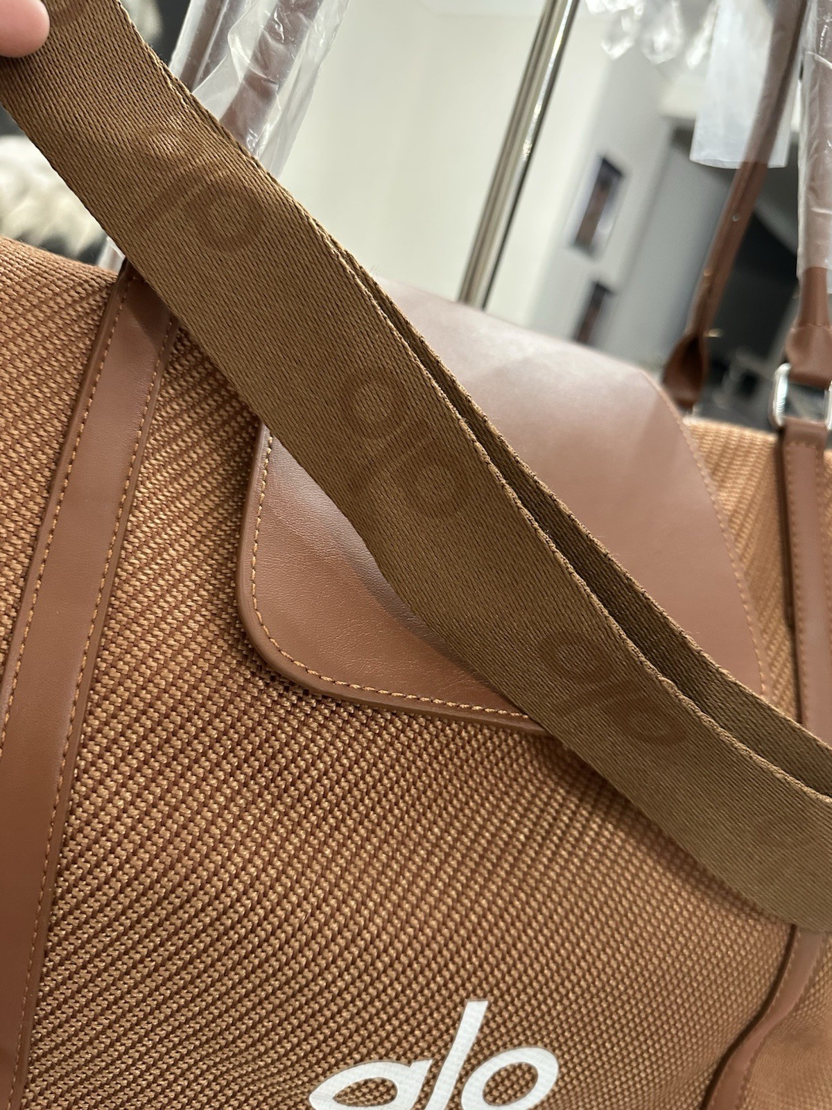 alo Brown Grip tote bag zip Button Closure Adjustable Strap Logo