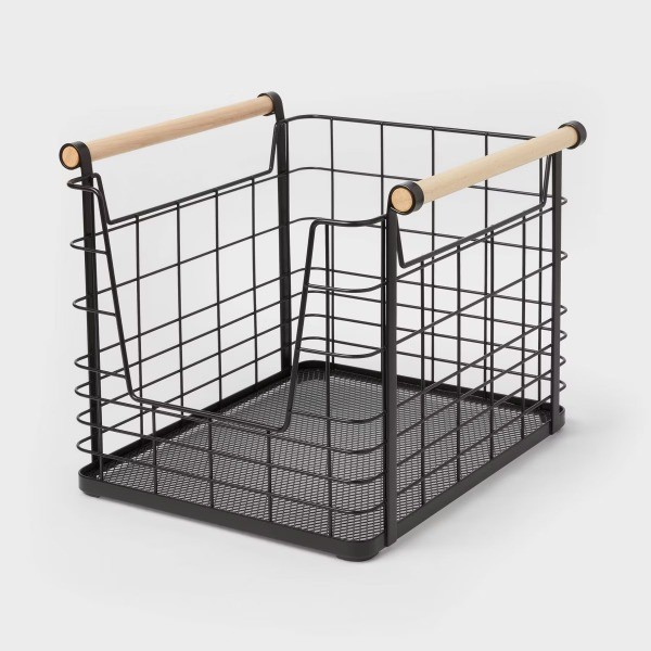 Wire Open Front Basket Black with Natural Wood Handles