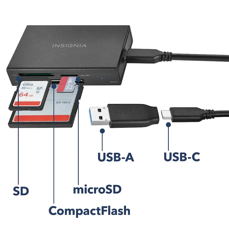 Insignia USB C to SD microSD CompactFlash Memory Card Reader mac windows android