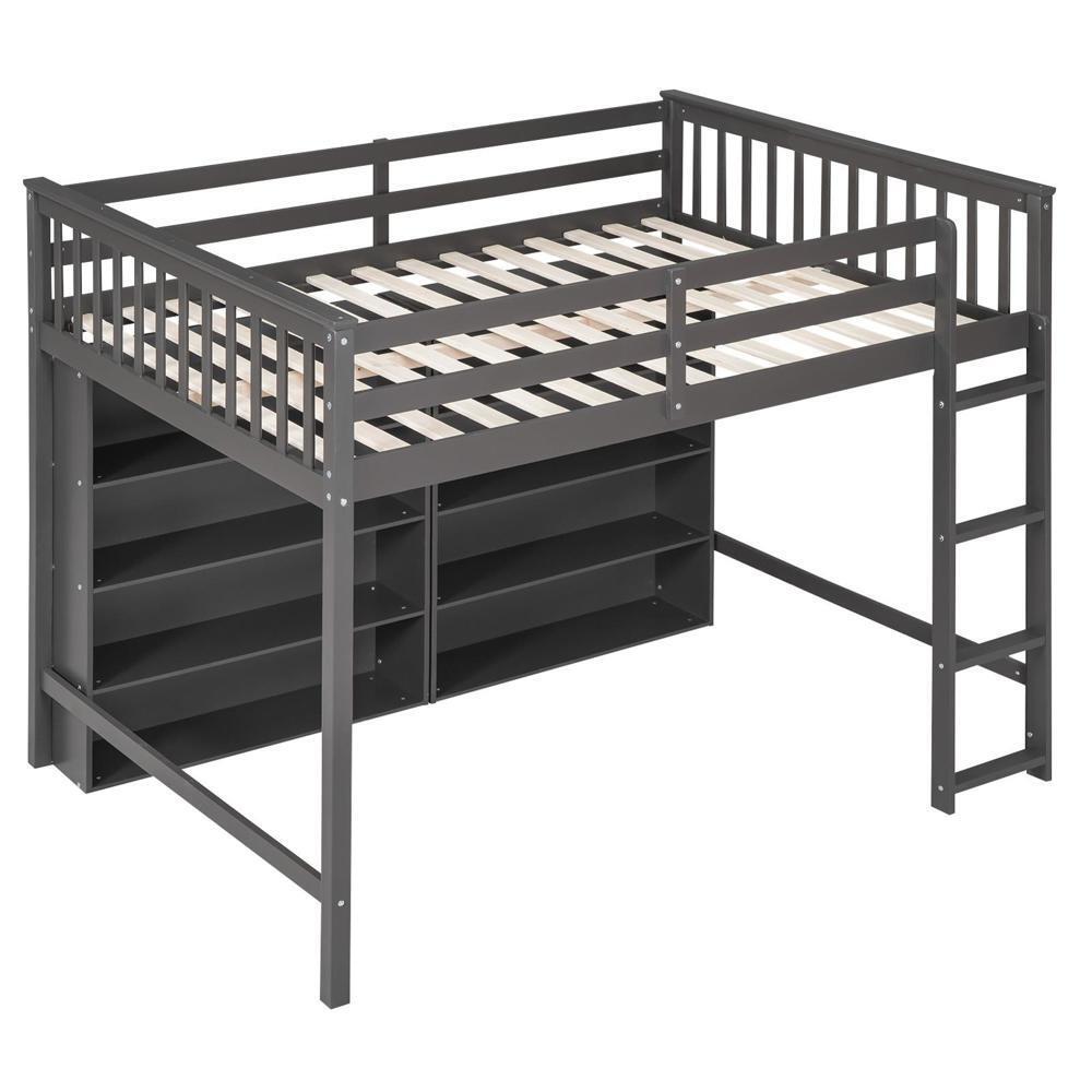 Full Size Loft Bed with 8 Open Storage Shelves and Built-in Ladder&Guardrails