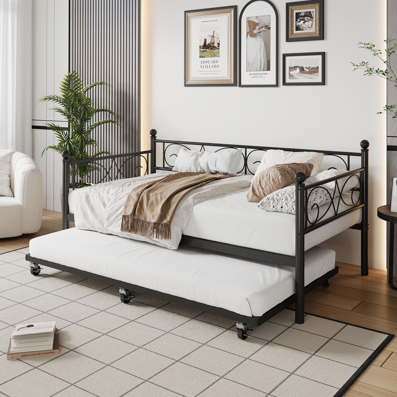 Twin Size Daybed Frame w/ Trundle, Heavy Duty Steel Slat Support Sofa Bed Frame