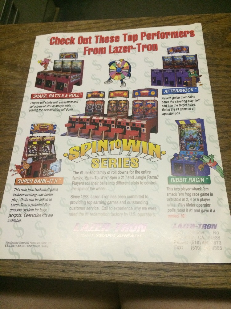 Laser-Tron SPIN-TO-WIN SERIES Arcade Game flyer- original