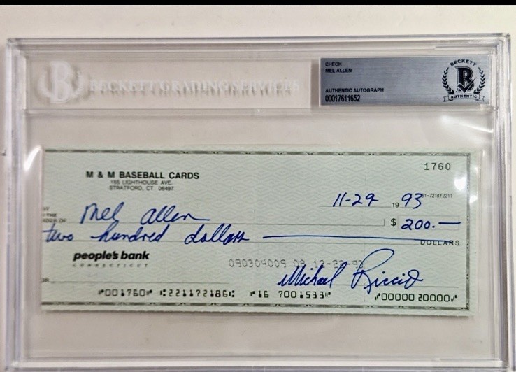 YANKEE LEGEND BROADCASTER Mel Allen Signed Auto Check JSA Beckett BAS