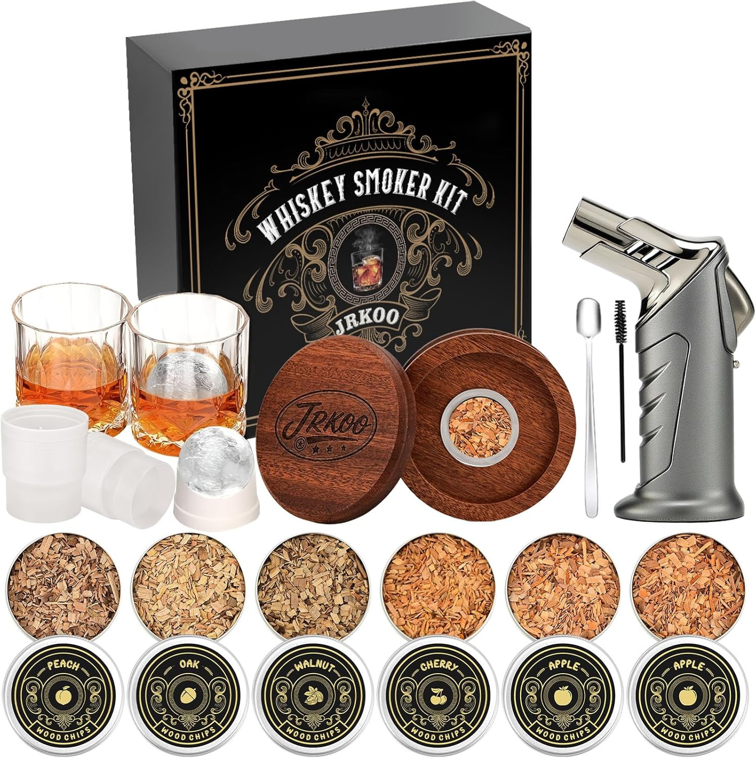 Whiskey Smoker Kit with Torch - 6 Natural Wood Chips, 2 Glasses, 2 Ice Ball Mold