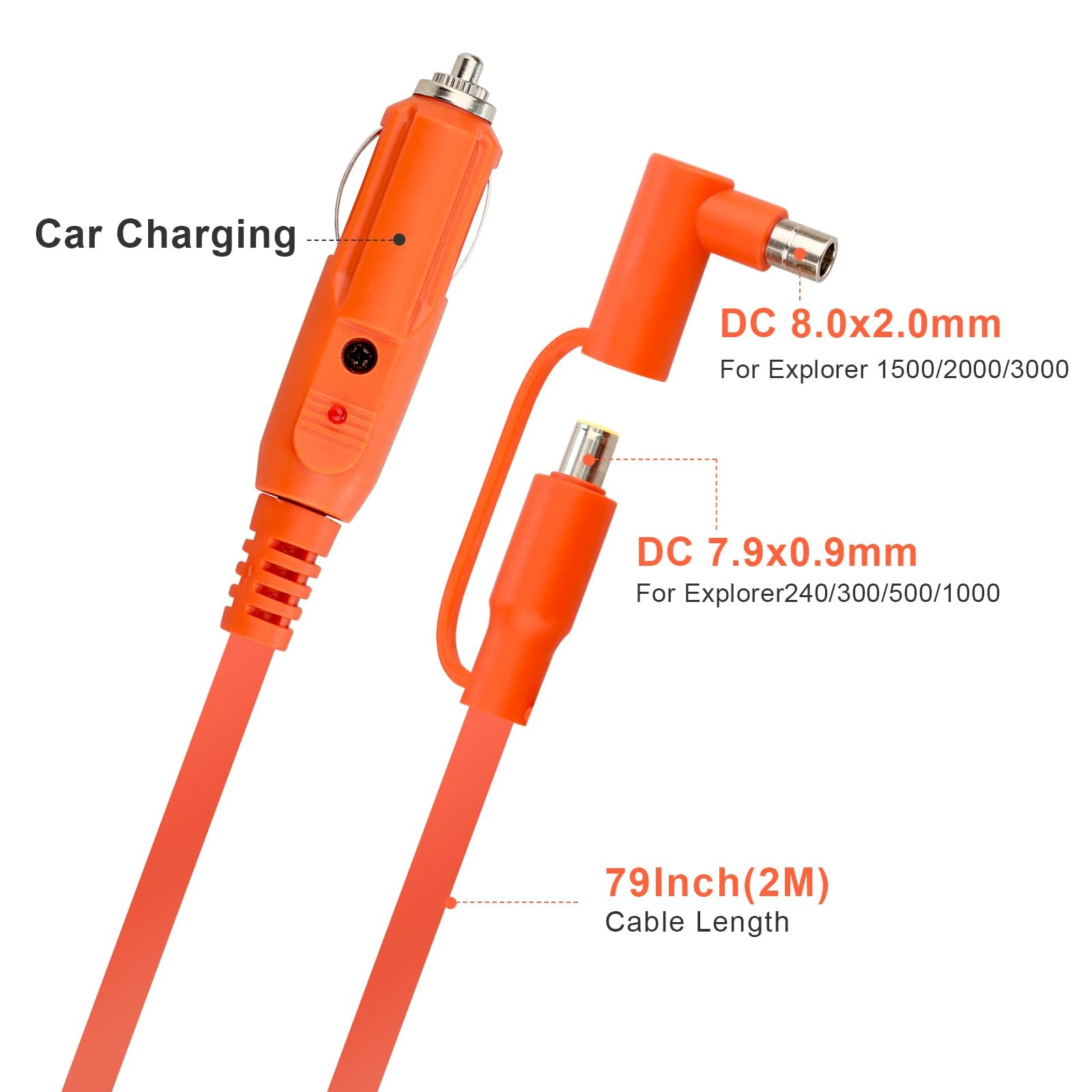 79inch Car Charging Cable with Cigarette Lighter Plug, 79 inches, Orange