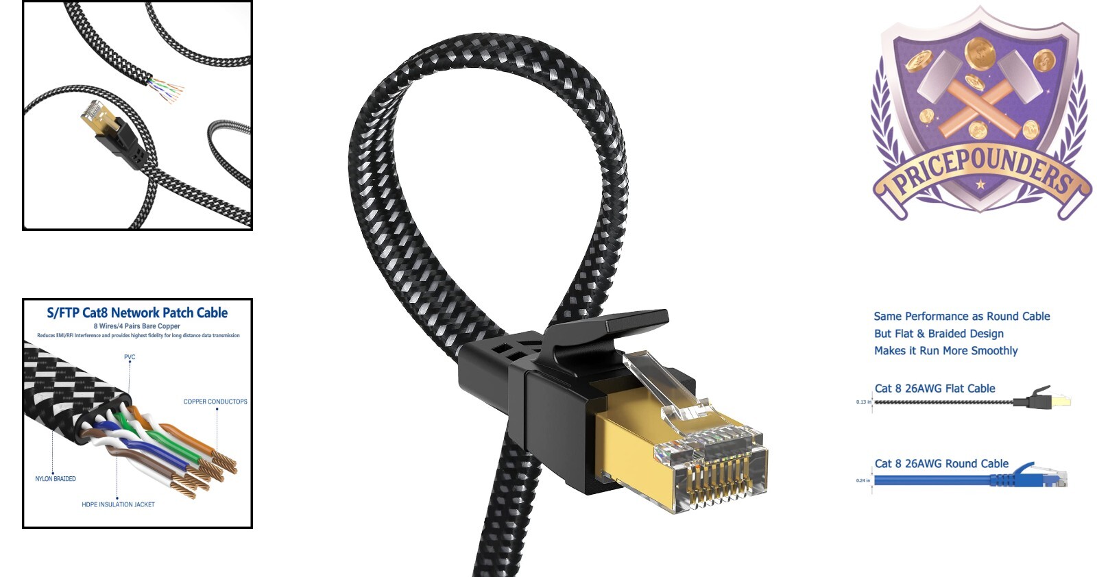 50ft Nylon Braided Ethernet Cable 40Gbps SFTP Shielded Flat for Gaming/PC
