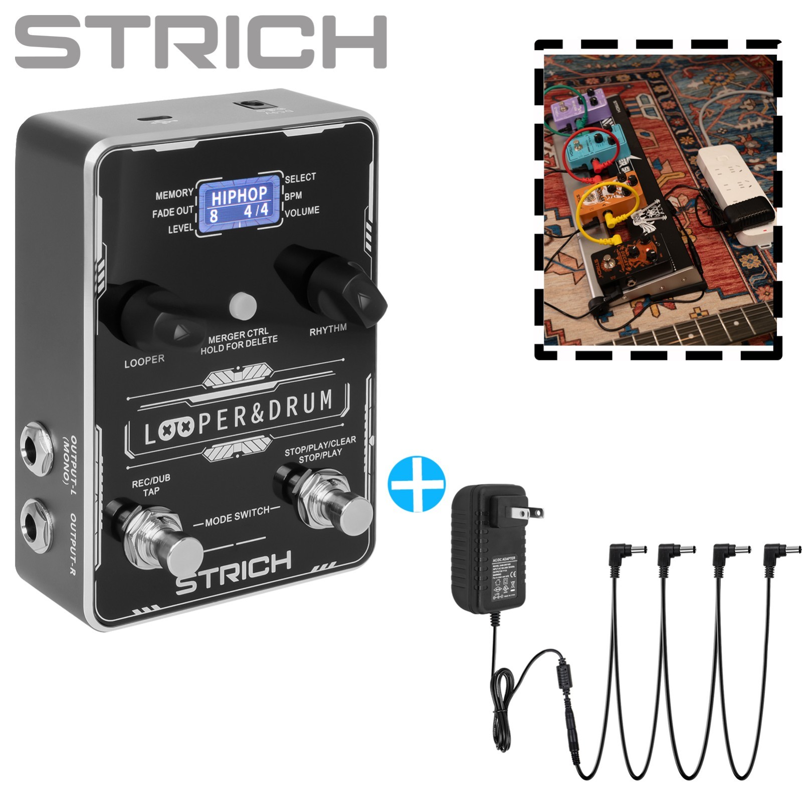 STRICH Pedal Effect Stereo Looper With Adapter Built-in Versatile Drum Machine