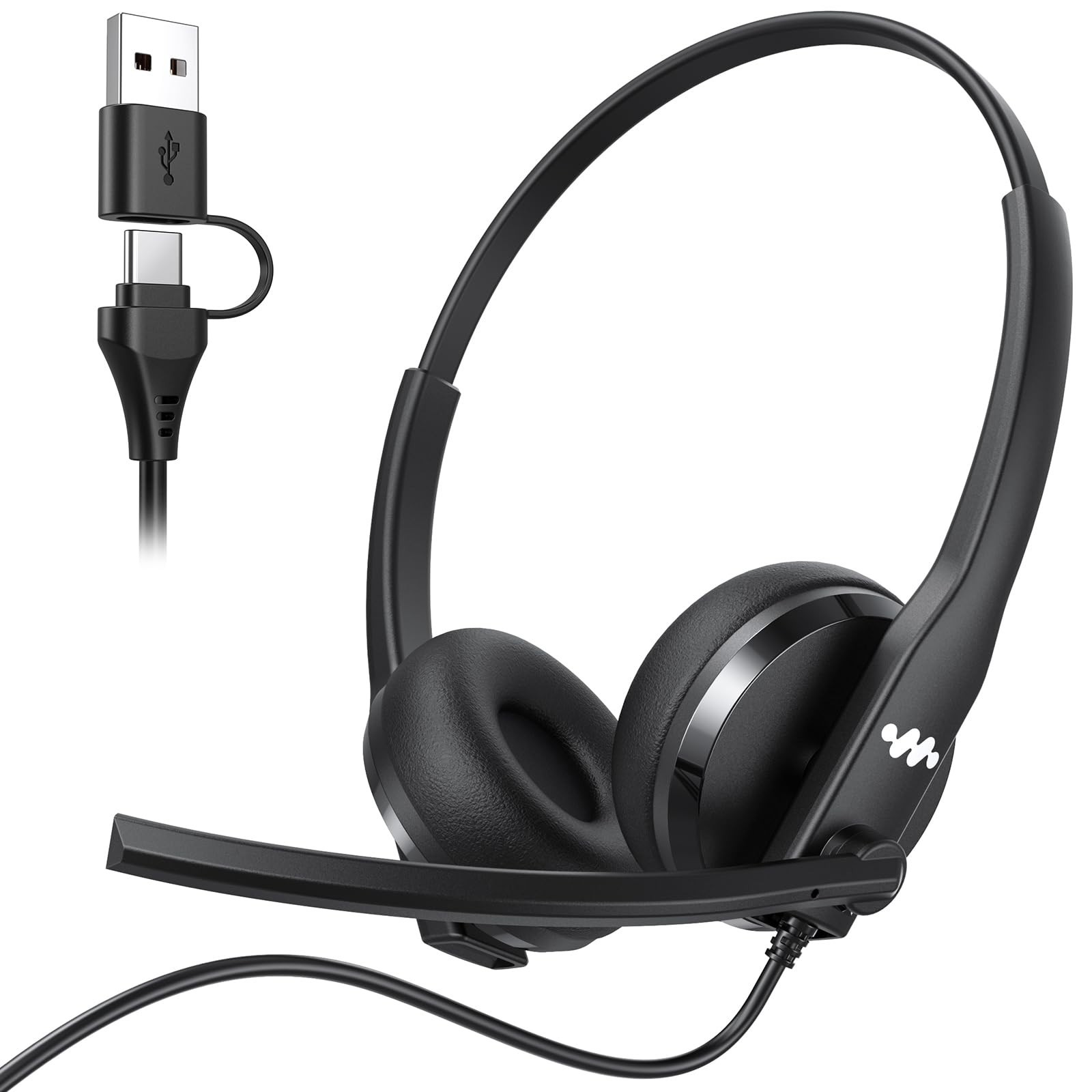 USB Headset with Mic Noise Cancelling USB-A USB-C Black