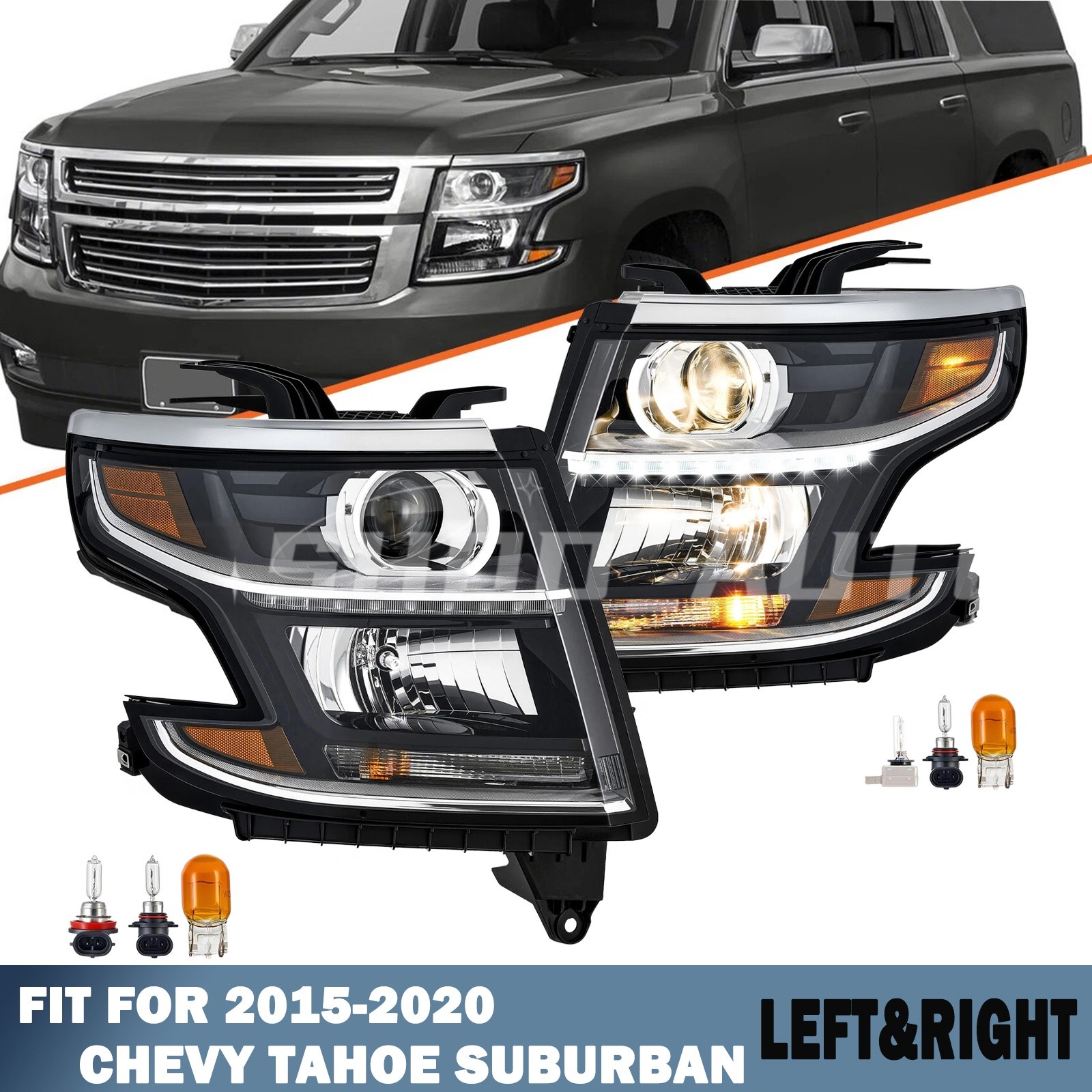 Pair Headlights Assembly For 2015-2020 Chevy Tahoe Suburban Headlamps W/Bulbs