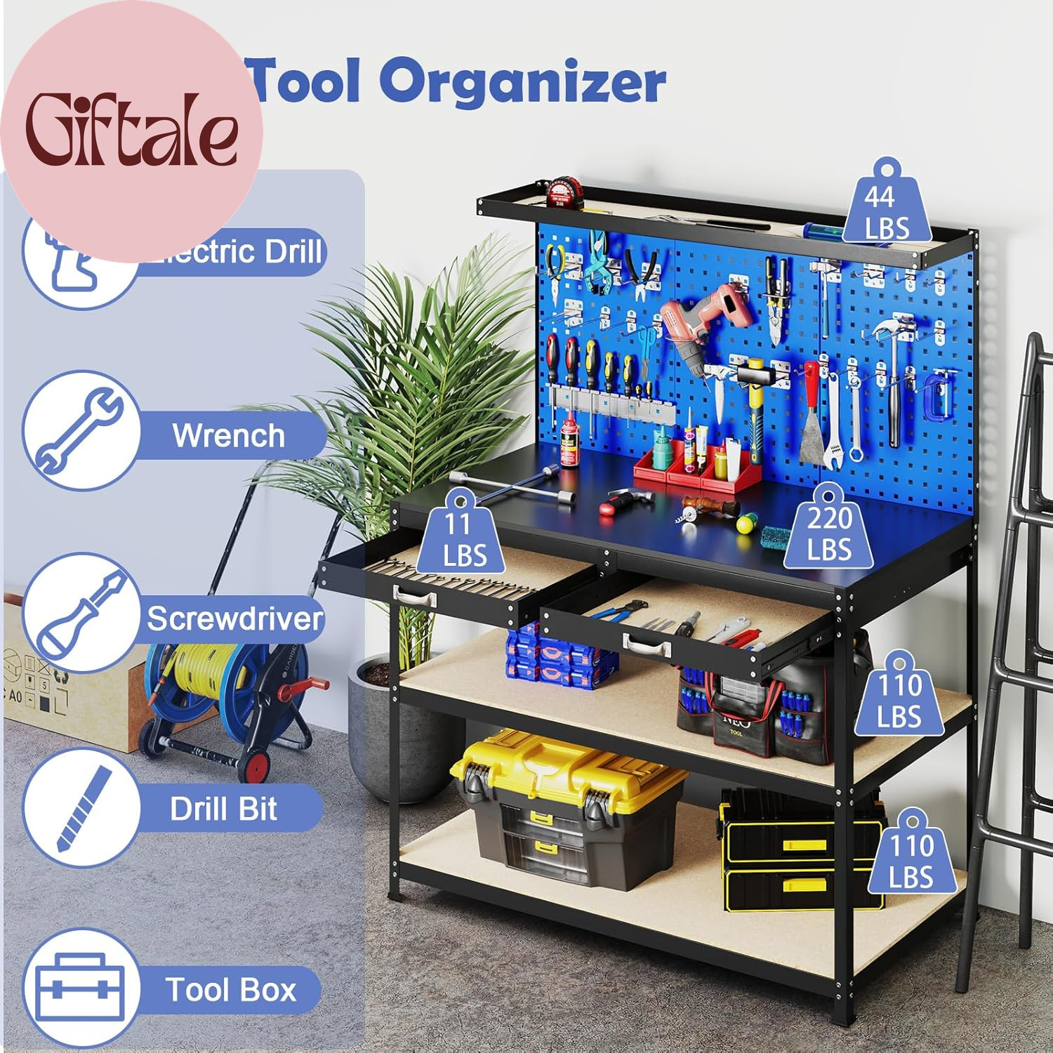 Workbench with Drawers, 48" X 24" Heavy-Duty Work Table with 3 PCS Pegboard & 4