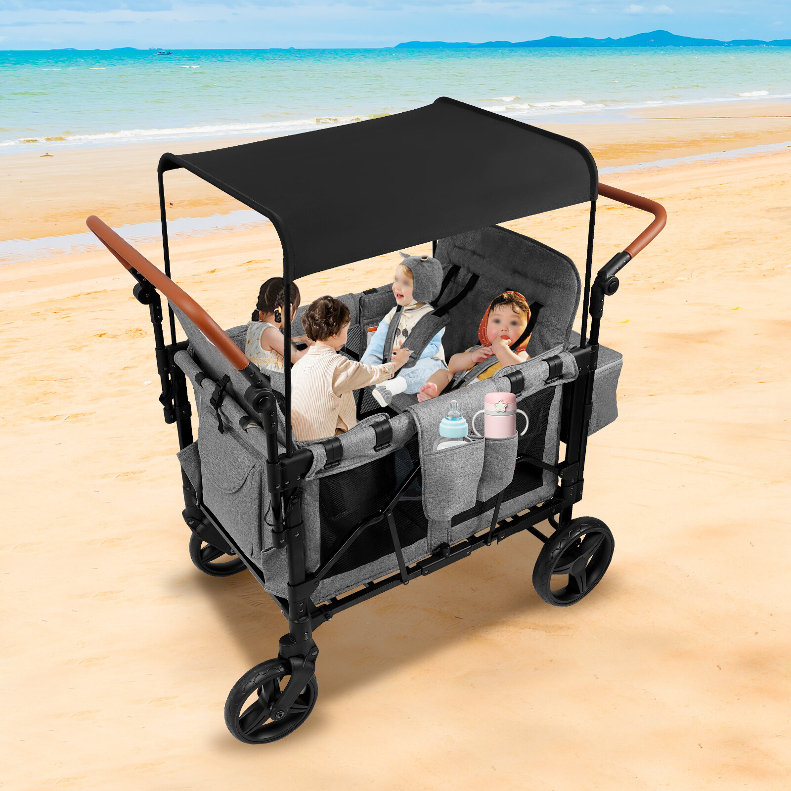High Seat Stroller Wagon Freestand Wagon Cart Featuring Push Bar Wagon Stroller