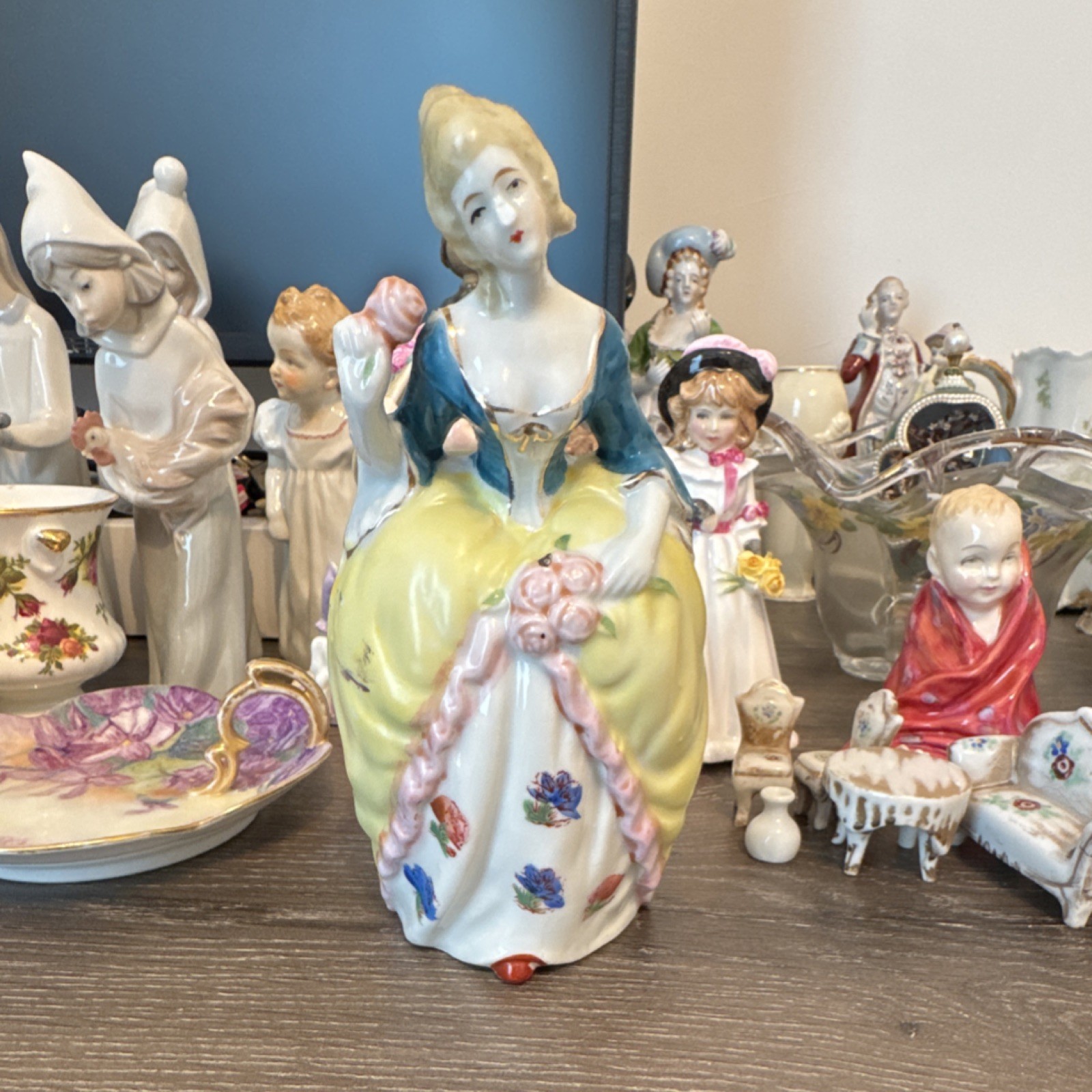 Victorian Ceramic Lady Figurine Planter Floral Pattern Yellow Blue Pink White