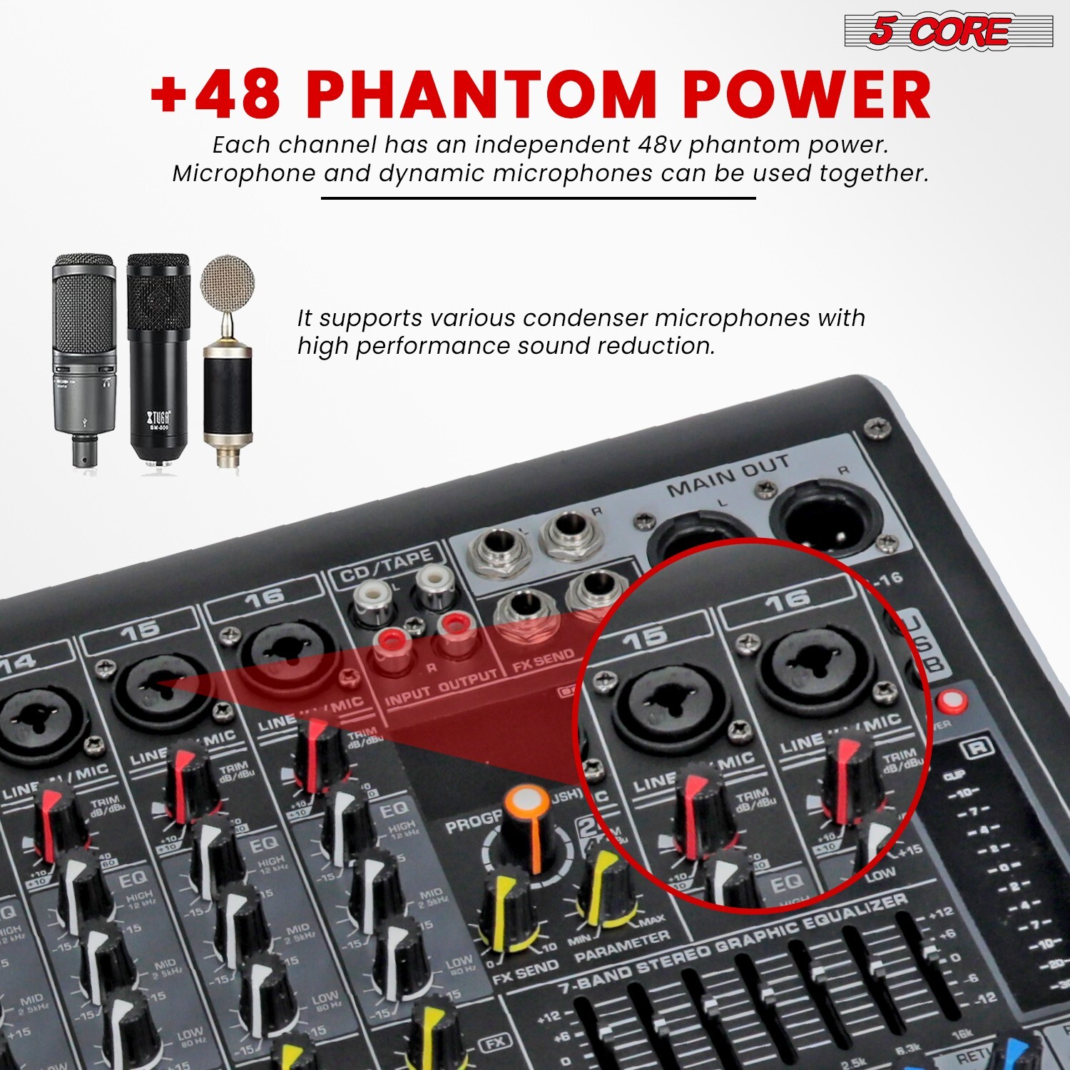 5Core Professional Audio Mixer 16 Channel DJ Mixing Board Bluetooth USB Analog