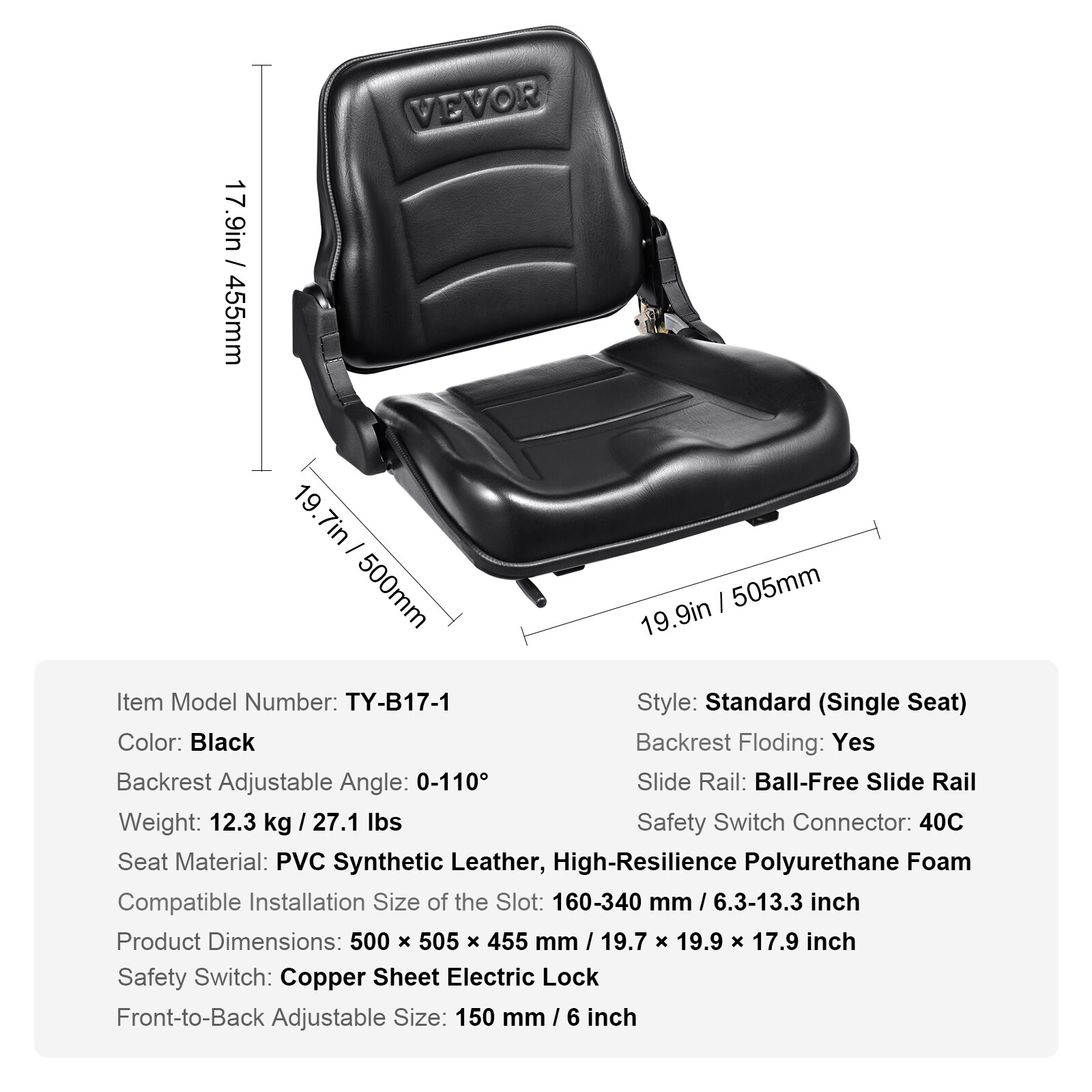 VEVOR Universal Forklift Seat Fold Down Tractor Seat with Adjustable Angle Back