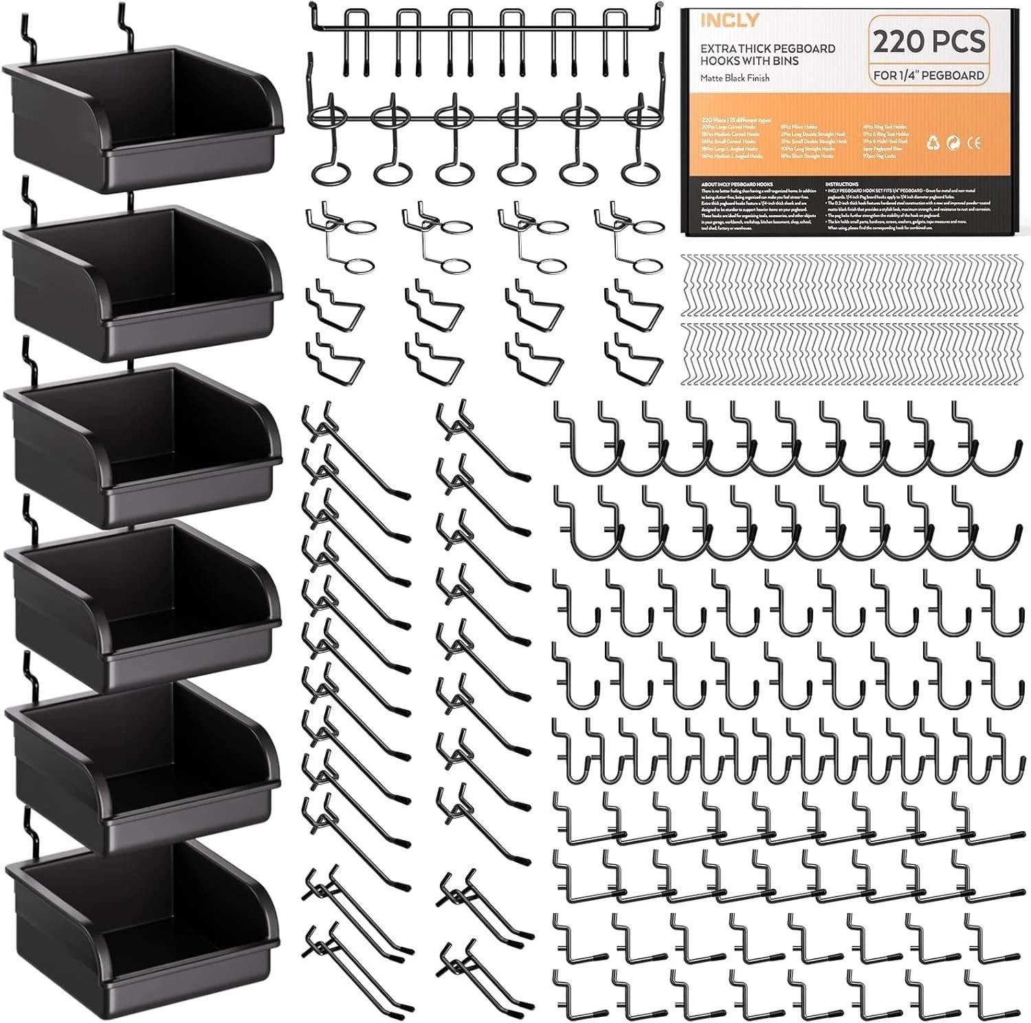 Industrial 220-Piece Pegboard Hooks and Bins Set for Wall Mounting