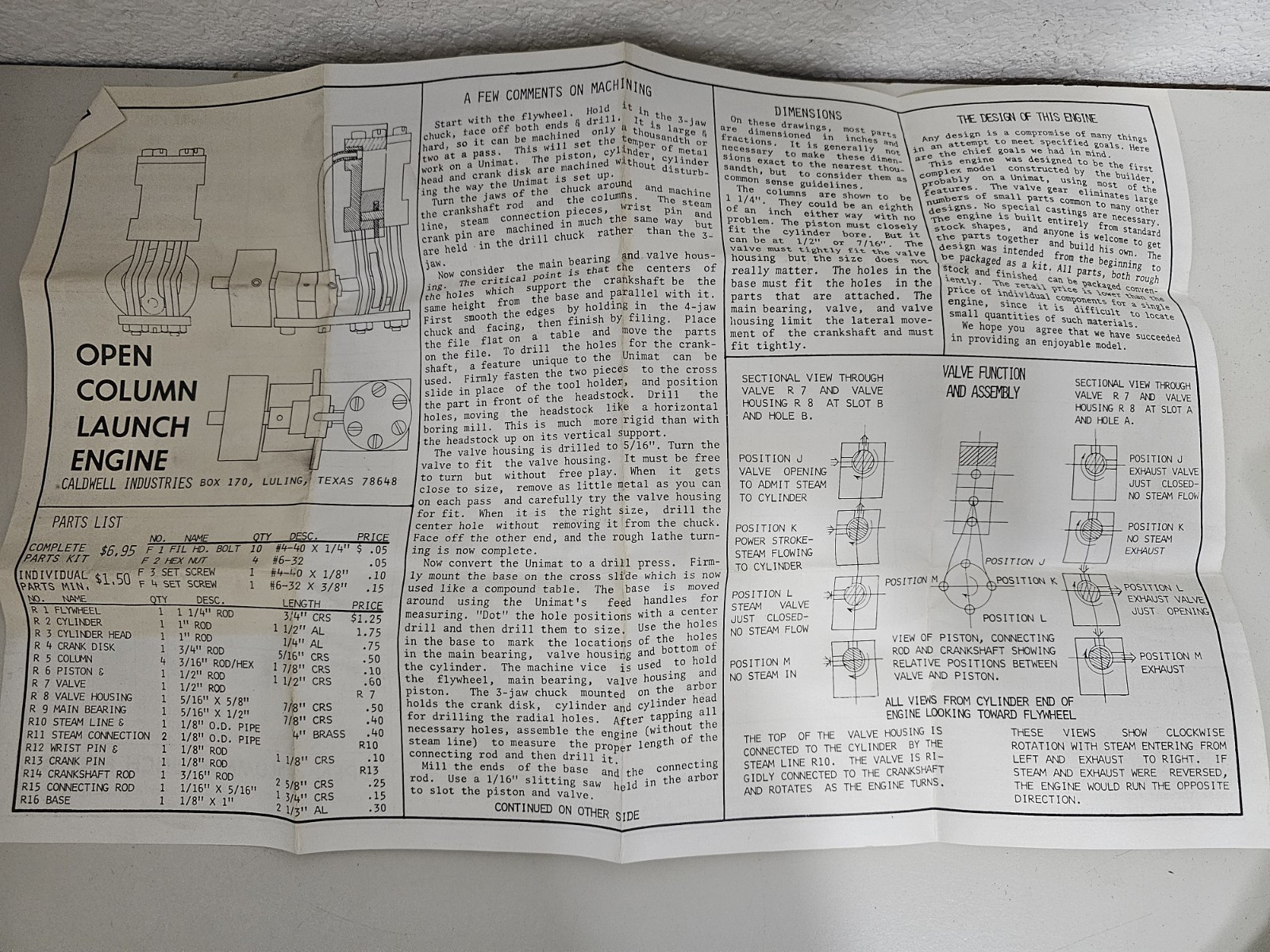 Caldwell Industires Open Column Launch Engine Kit and Plans Missing Brass Pipe