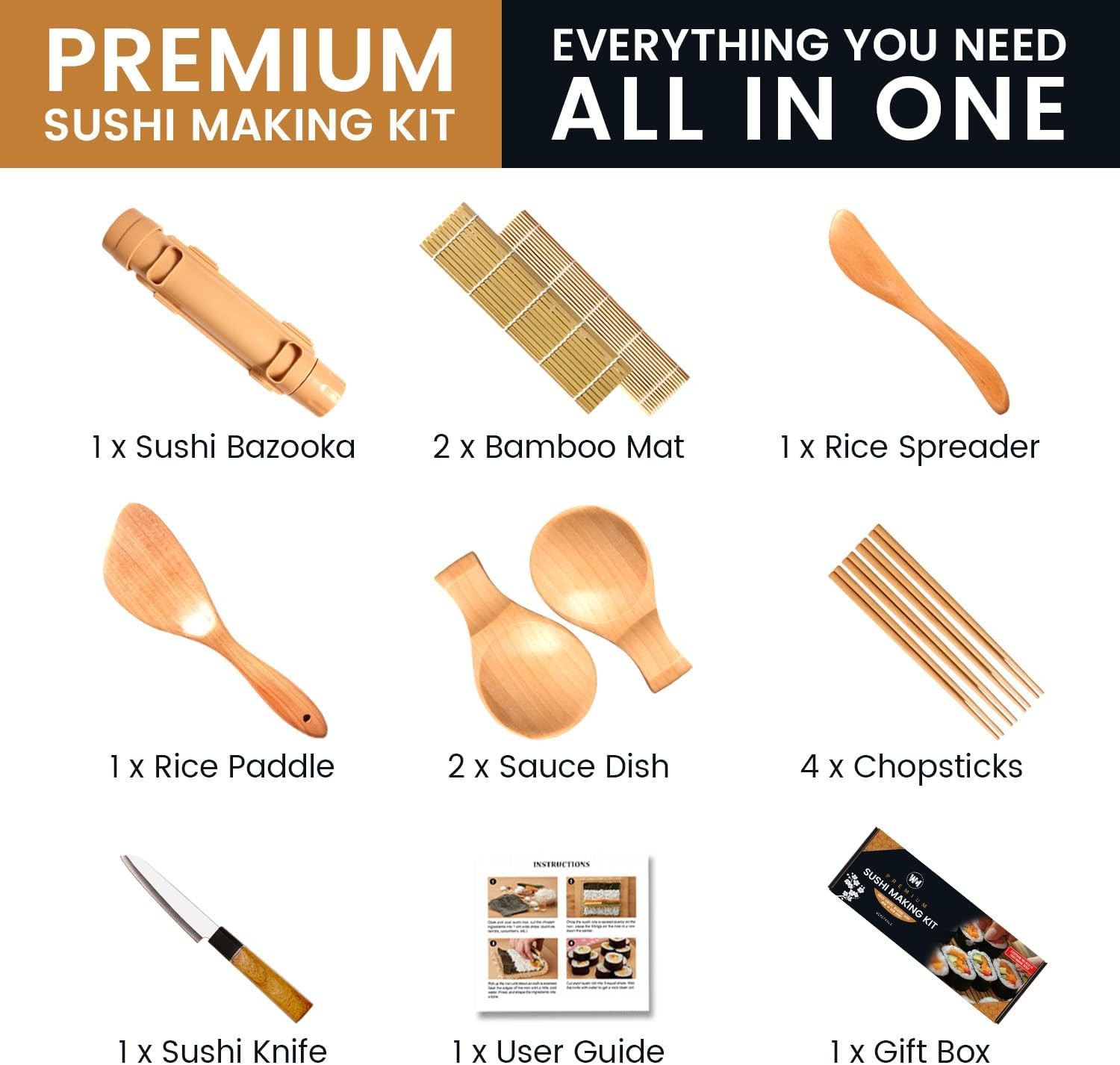 Premium Sushi Making Kit Roller for Beginners or Extra Large, Wood