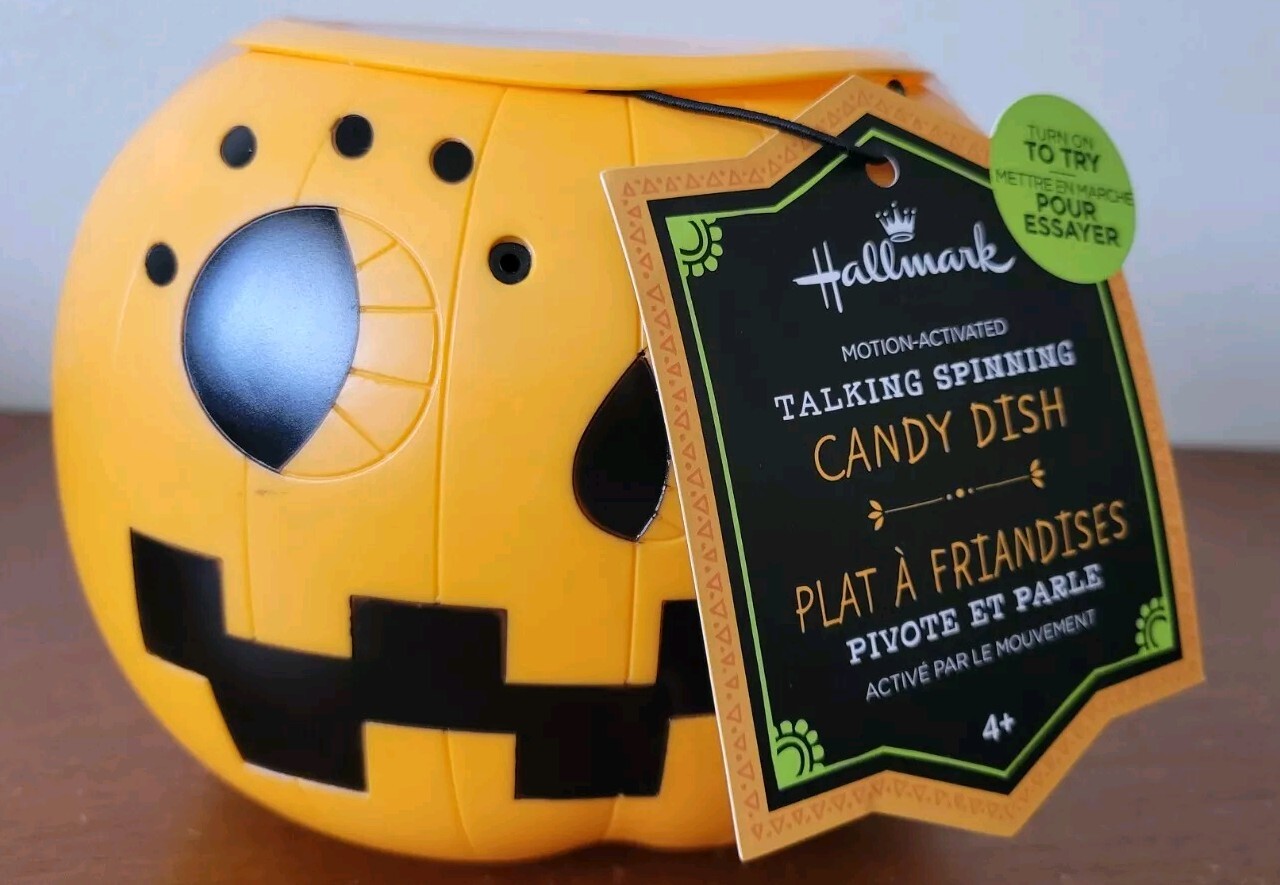 HALLMARK PUMPKIN TALKING SPINNING CANDY DISH-MOTION ACTIVATED-7" NEW WITH TAGS
