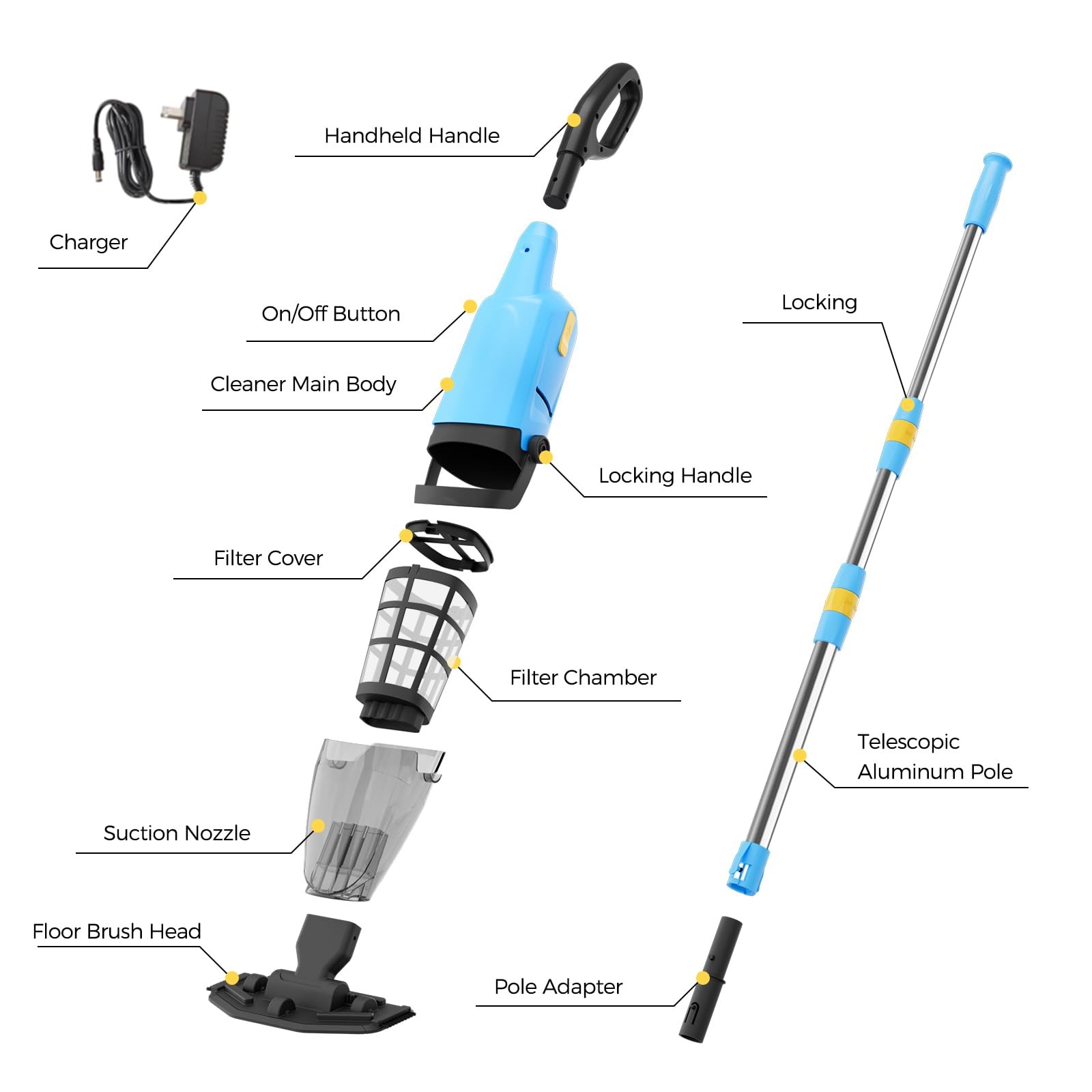 Powered Cordless Handheld Pool Vacuum, Rechargeable Pool Cleaner 60 Mins Runtime