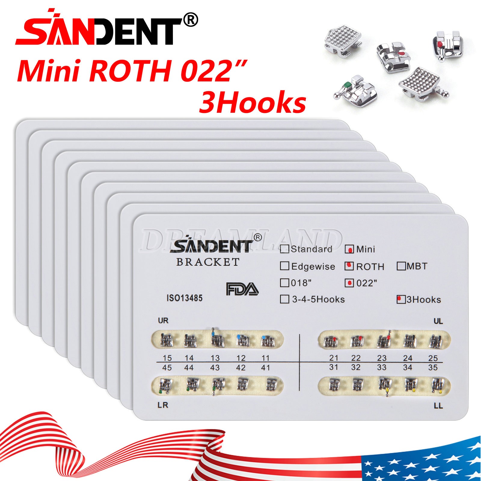 10 Packs SANDENT Dental Orthodontics Brackets Braces Mini Roth 022"Slot 3 Hooks