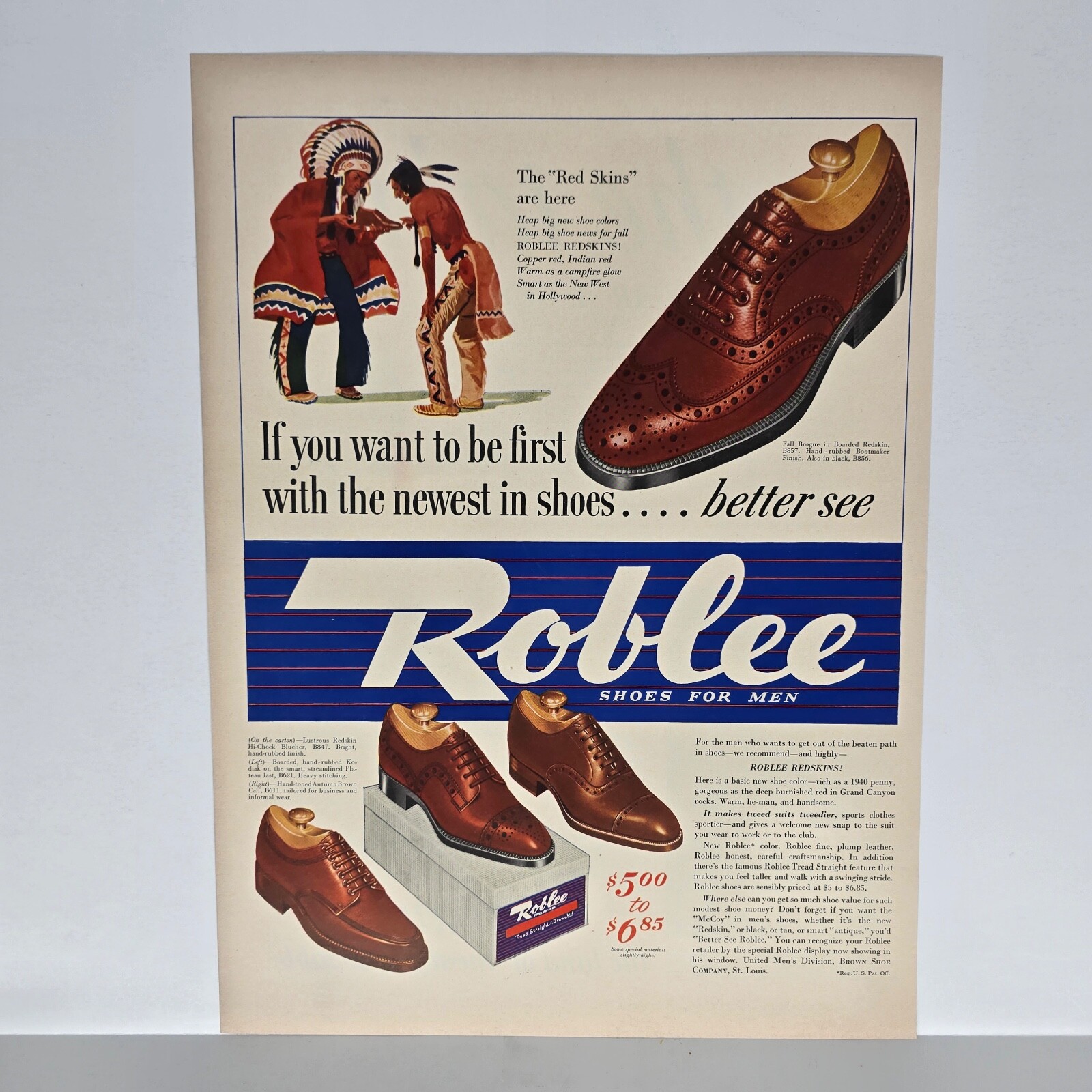 1940 Roblee Shoes For Men Vintage Ad Red Skins Fashion Footwear Bookmaker Finish