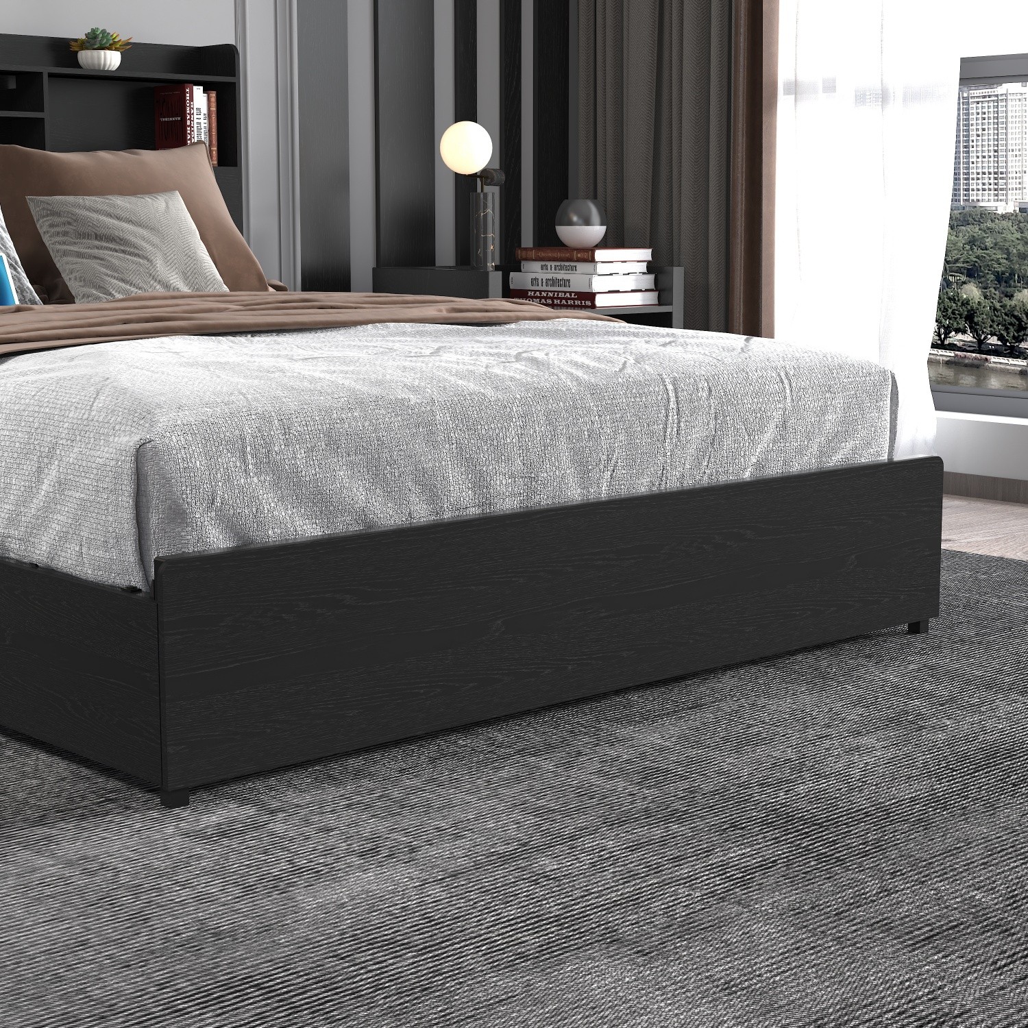 Full/Queen Size Platform Bed Frame w/ LED Lights & Storage Headboard & 4 Drawers