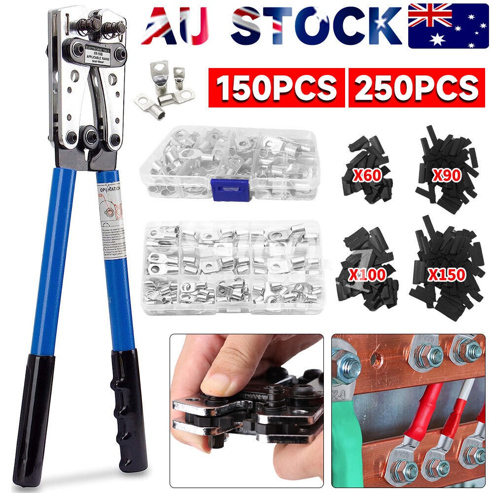 6-50mm² Plug Crimp Crimping Tool Wire Crimper Battery 100x Cable Lugs Cutter Set