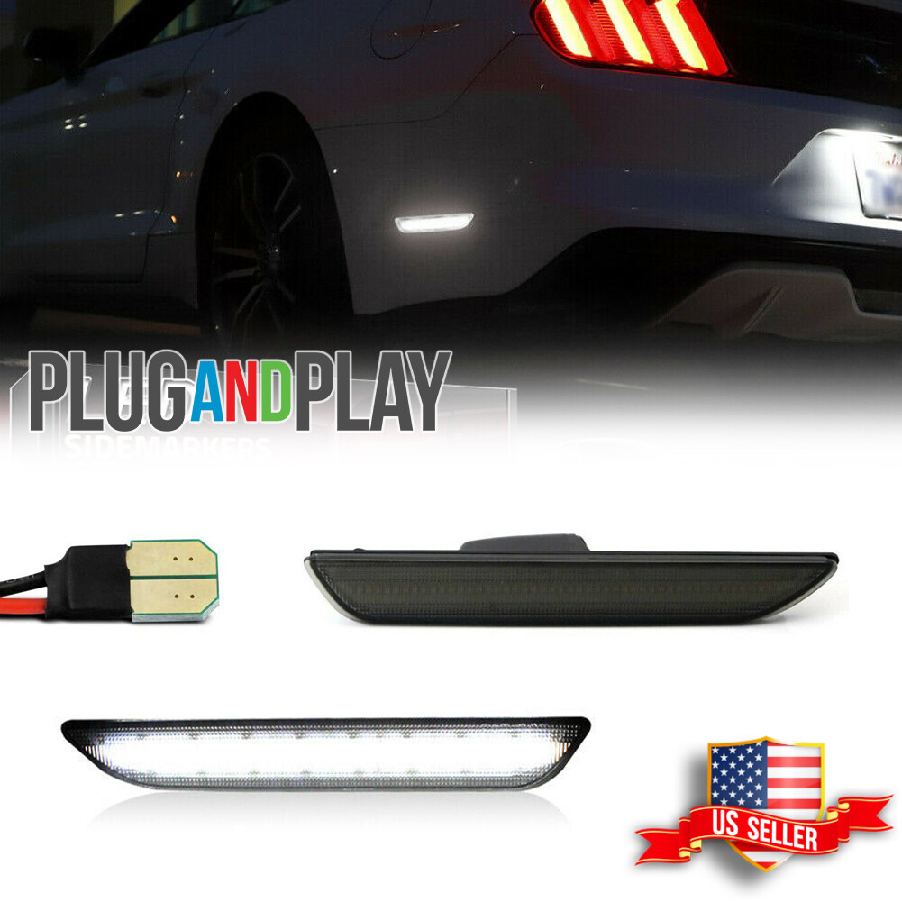 Black Lens White LED Rear Bumper Side Marker Lights For 2015-2021 Ford Mustang