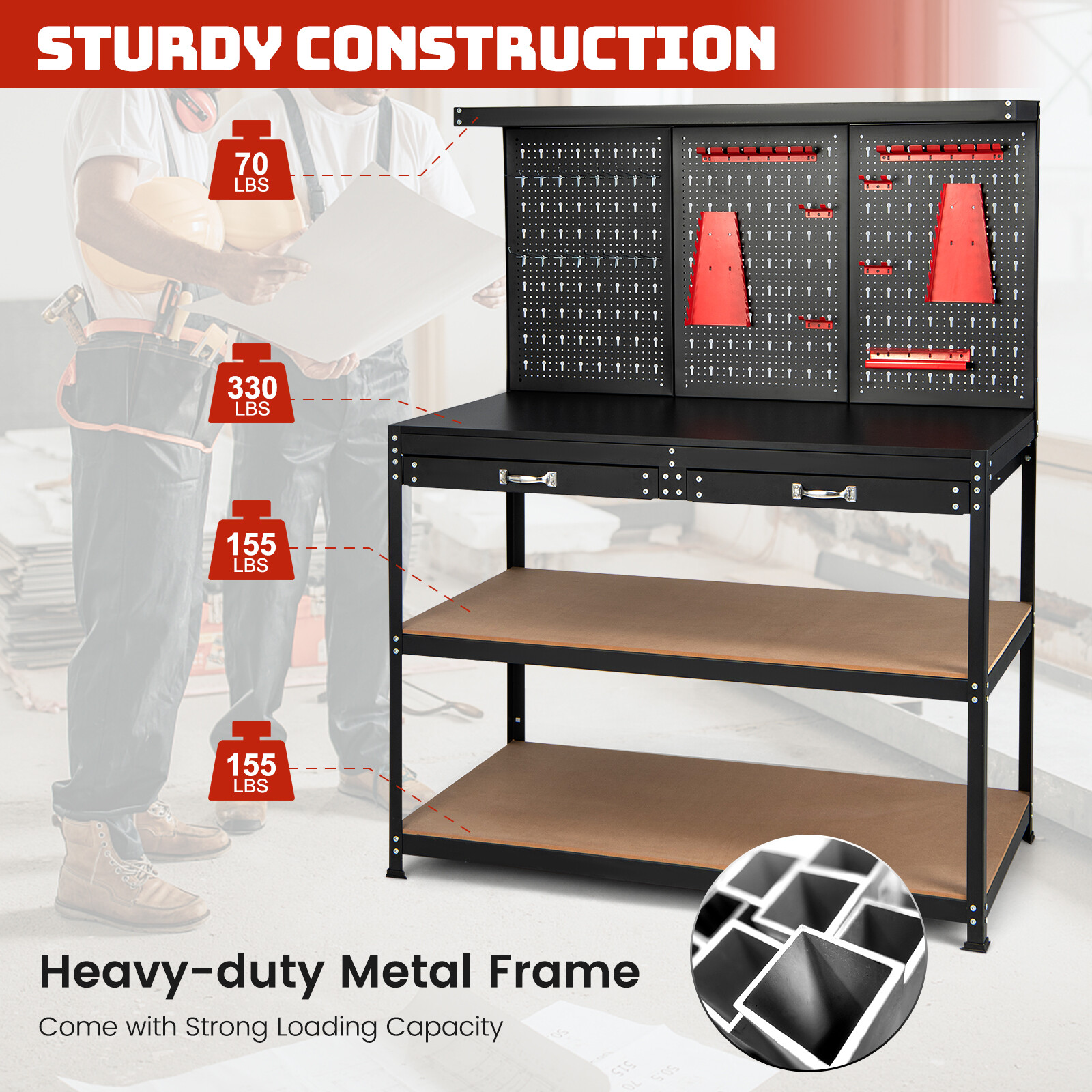 48 in Workbench Garage Worktable Tool Organizer with Pegboard Drawers & Shelves