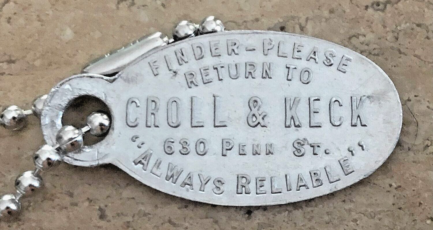 VTG Advertising Key Fob Tag: CROLL & KECK CLOTHING STORE; Reading, PA