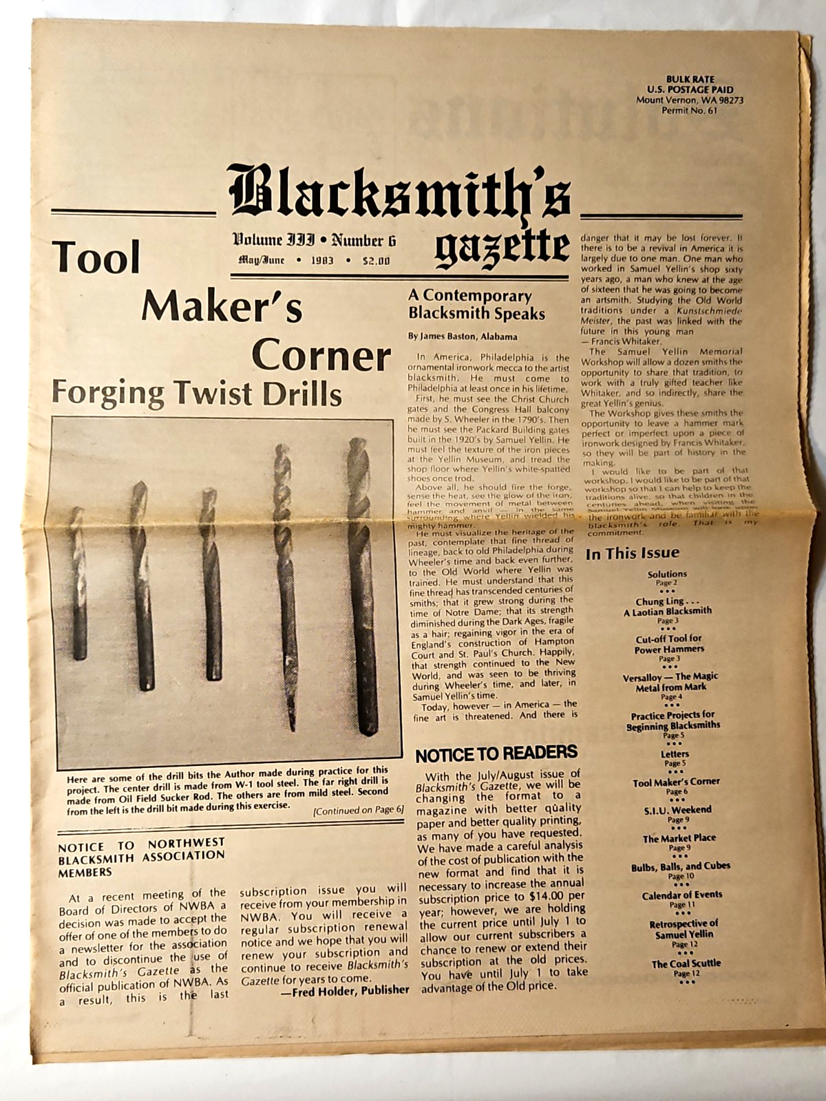 Blacksmith's Gazette Newspaper Mt. Vernon, WA. Volume 3 Number 6 May./Jun. 1983
