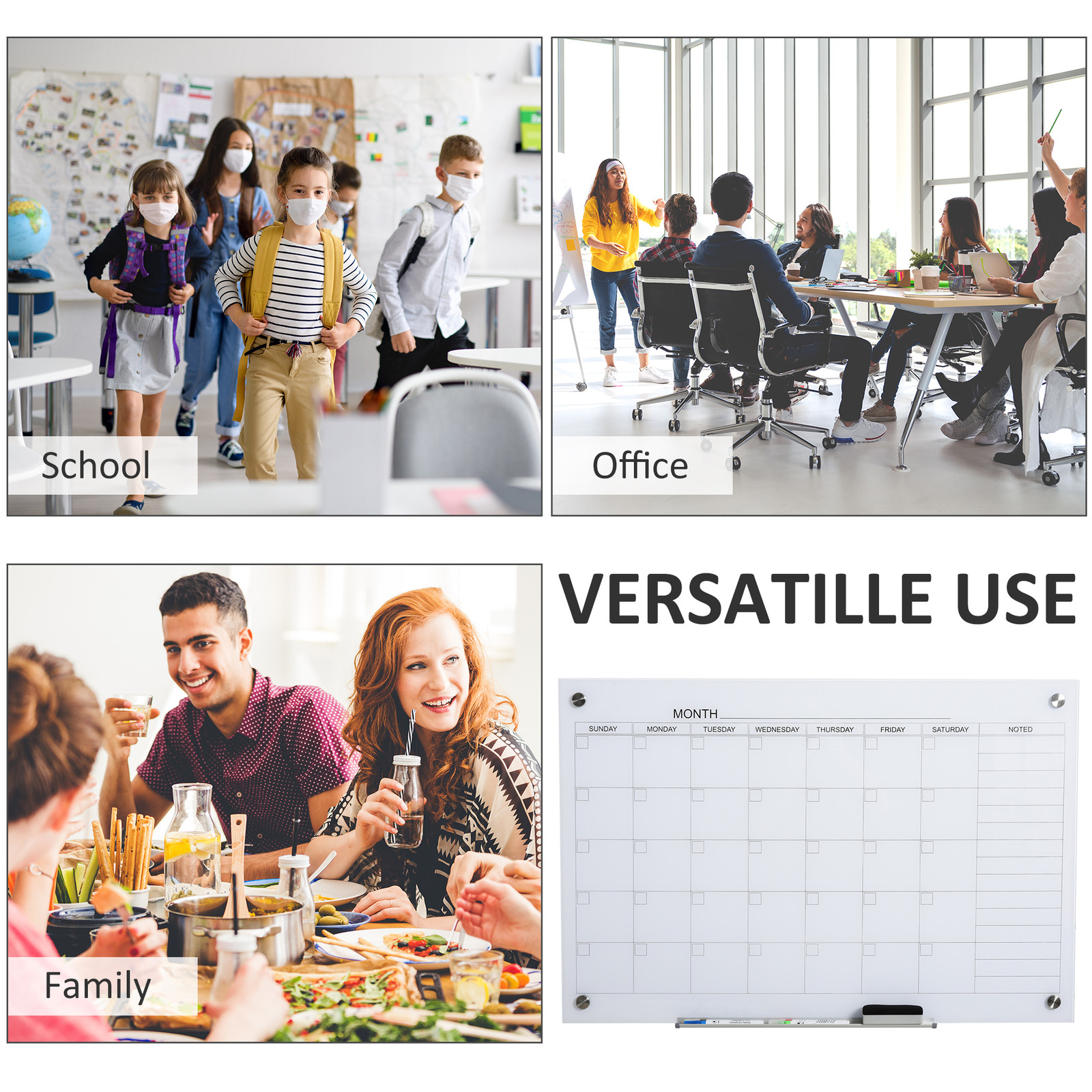 Wall Mounted Glass Organizational Daily Activity Board w/Markers and Dry Eraser