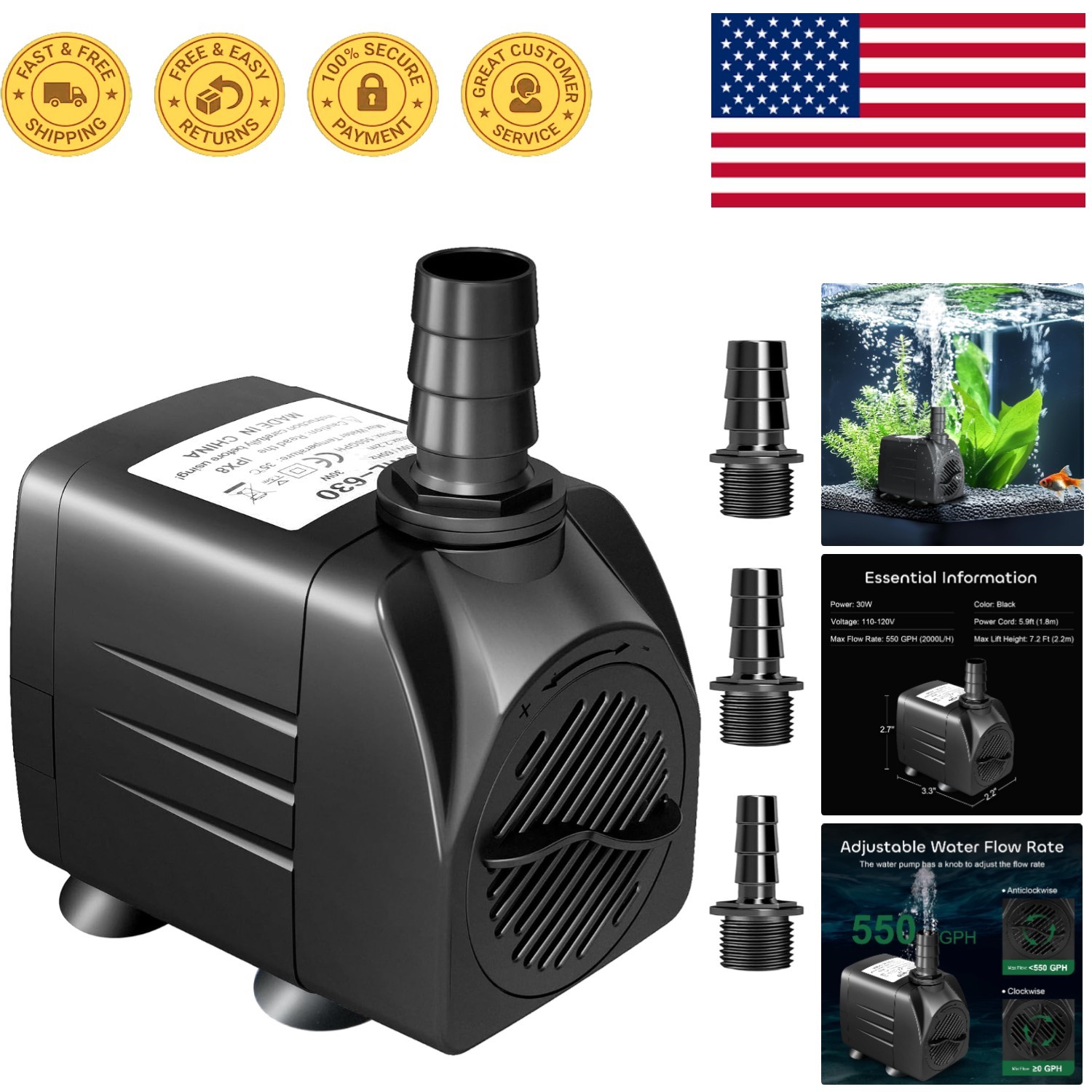 550 GPH Submersible Water Pump with 7.2ft Lift & 3 Nozzles - Ideal for Aquariums