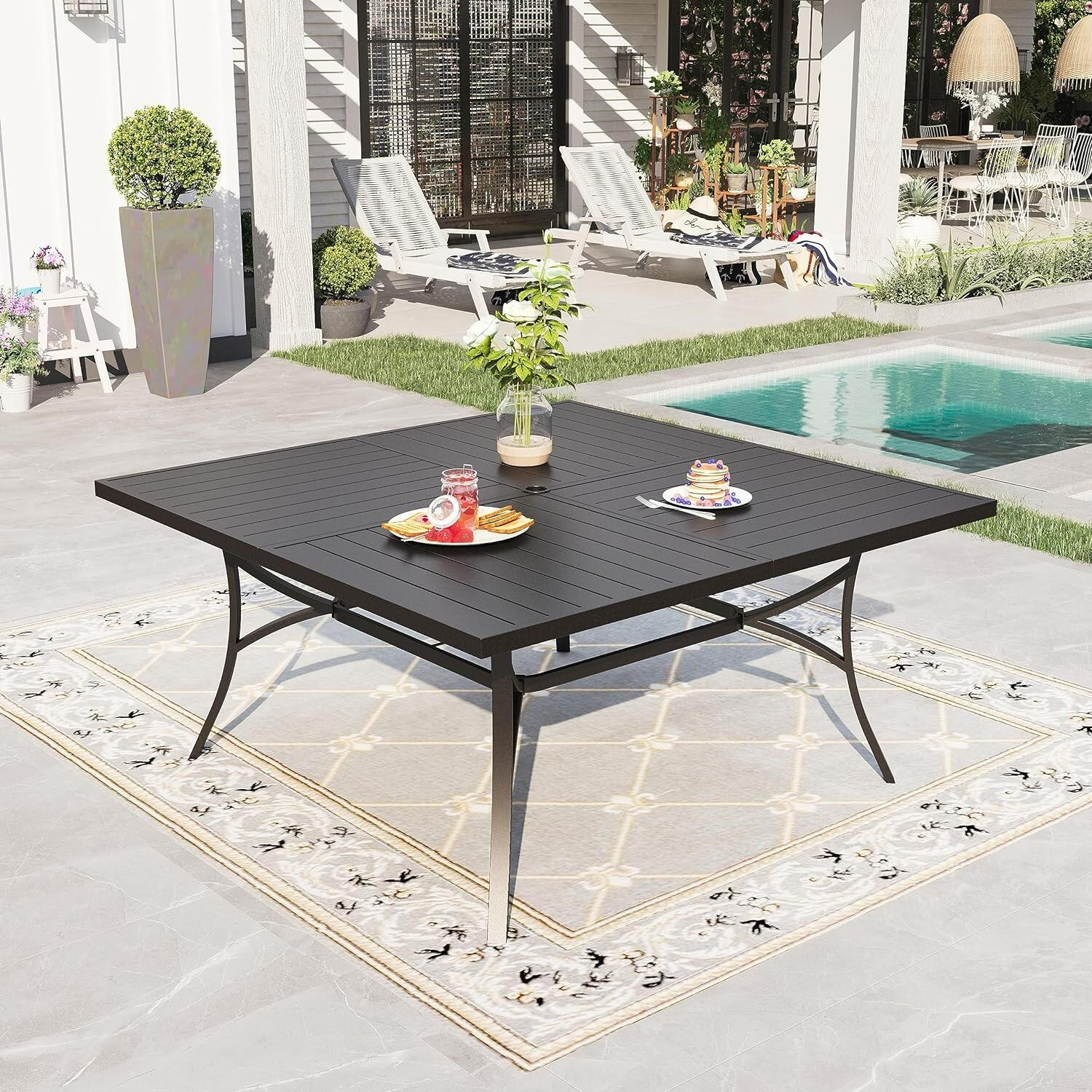 Patio Dining Table for 8 Person Outdoor Table with Umbrella Hole Square Black