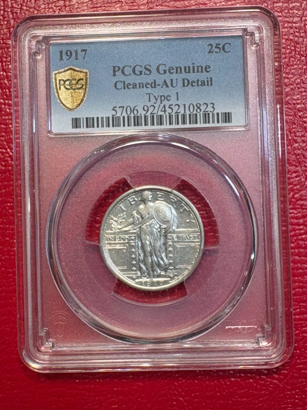 GOLD SHIELD PCGS AU DETAILS 1917 TYPE 1 25C LIBERTY STANDING SILVER QUARTER-FEB