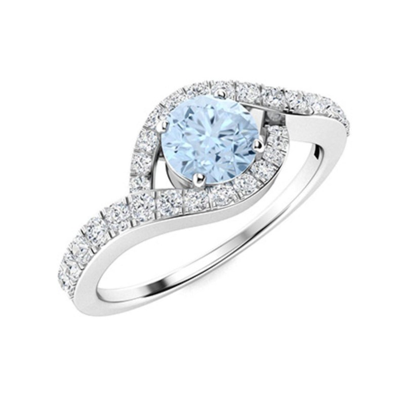 Aquamarine Gemstone Art Deco Solitaire with Accents Ring Sterling Silver