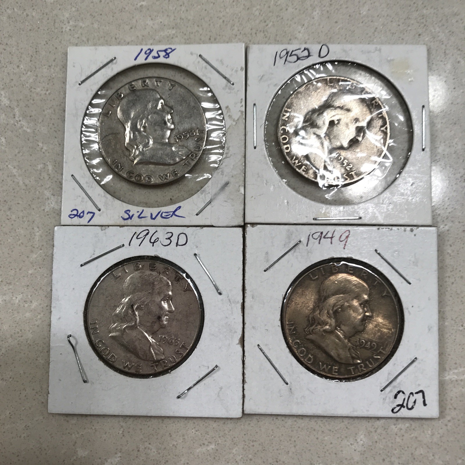 Lot of 4 Ben Franklin 90% SILVER Half Dollars 1952 D 1063 D 1949, 1958