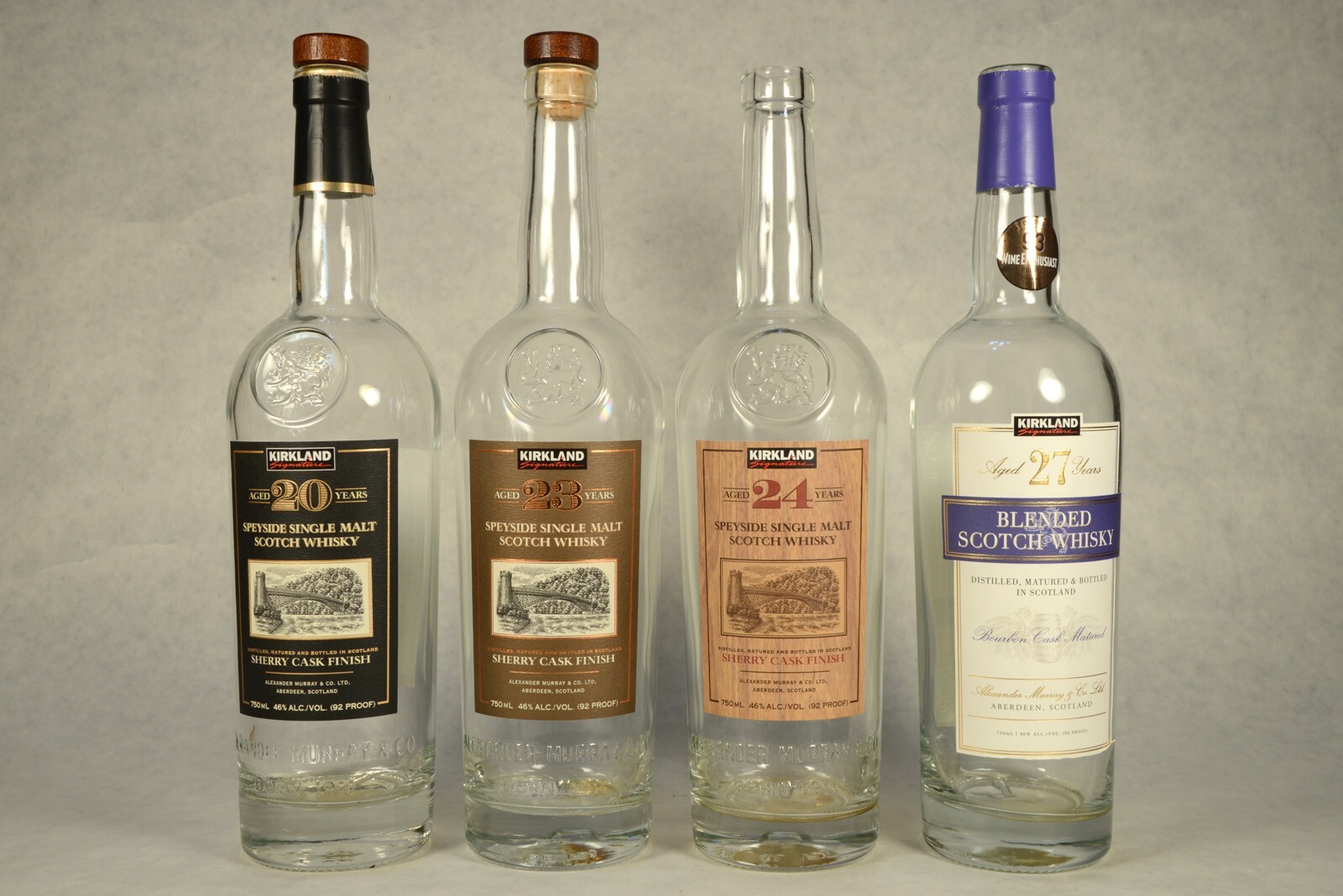 JH1746 Four Kirkland Scotch Bottles 20, 23, 24, 27 Years, Empty