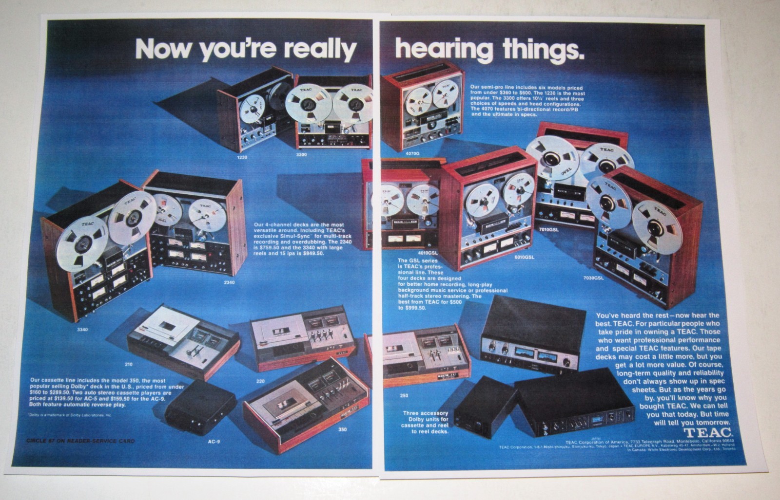 Teac Open Reel/Cassette Ad, 2 pg, 1977 Teac History 7030,7010,3300,2340,3340,250