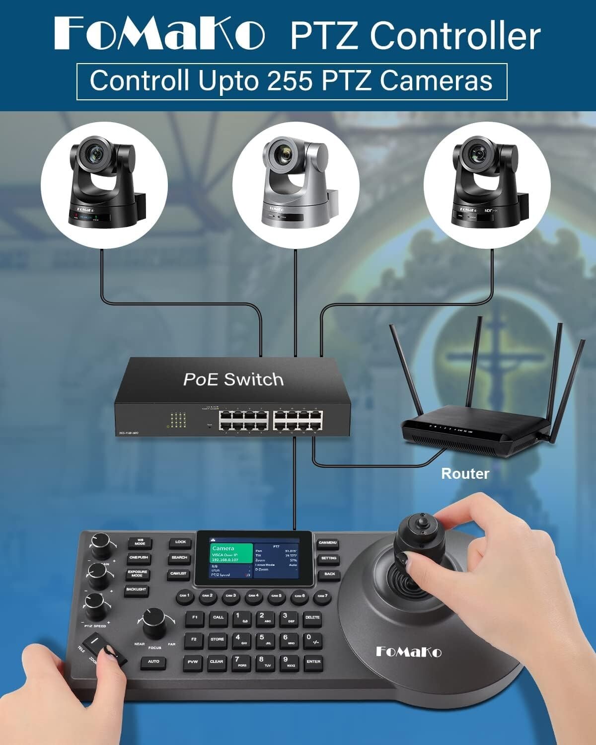 PTZ Controller Poe NDI PTZ Camera Controller 3" LCD Screen Preview, 4D Joystick