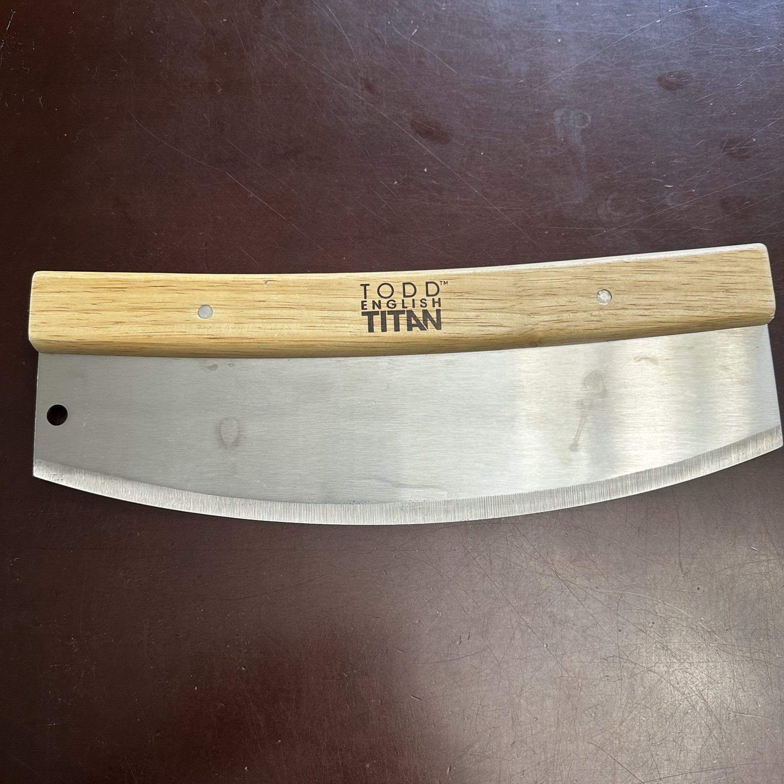 TODD ENGLISH TITAN CURVED PIZZA CHOPPING KNIFE CUSTOM WOOD HANDLE NEW (83765)