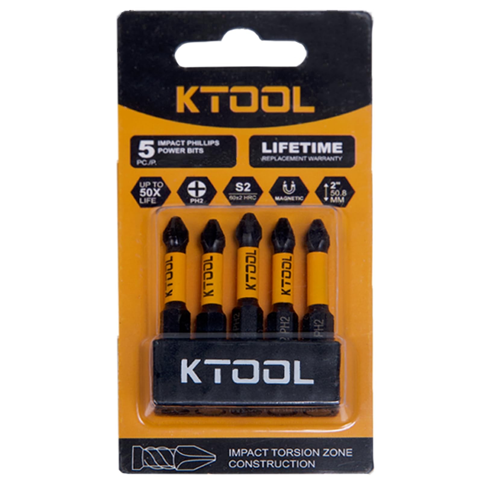 KTOOL Impact Driver Bit Set 5 Pack 2 Inch Phillips Bits #2 Black/Orange