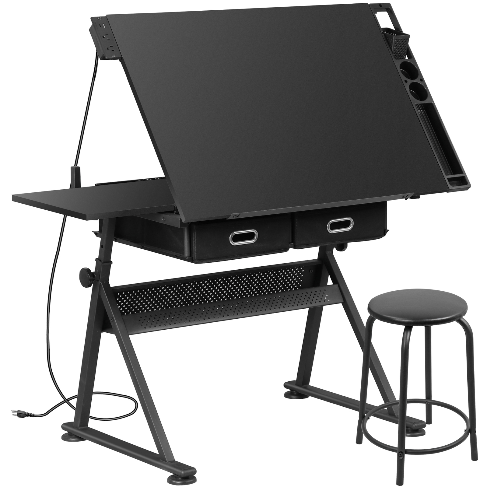 Black Drafting Table & Stool Se Adjustable Height W/ Drawers & Charge Station